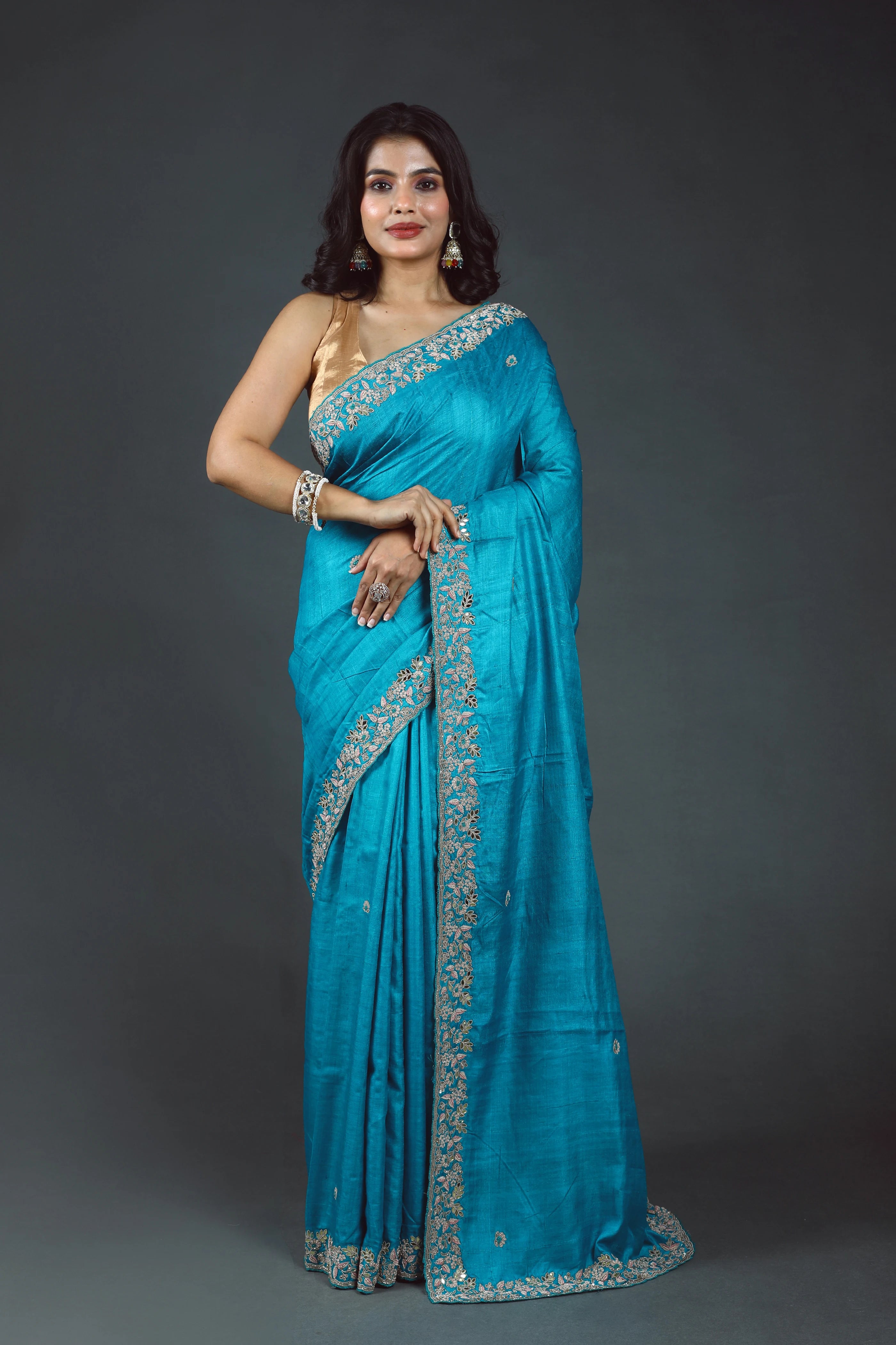 Ocean Blue Pure Tussar Zardosi Saree With Blouse Piece