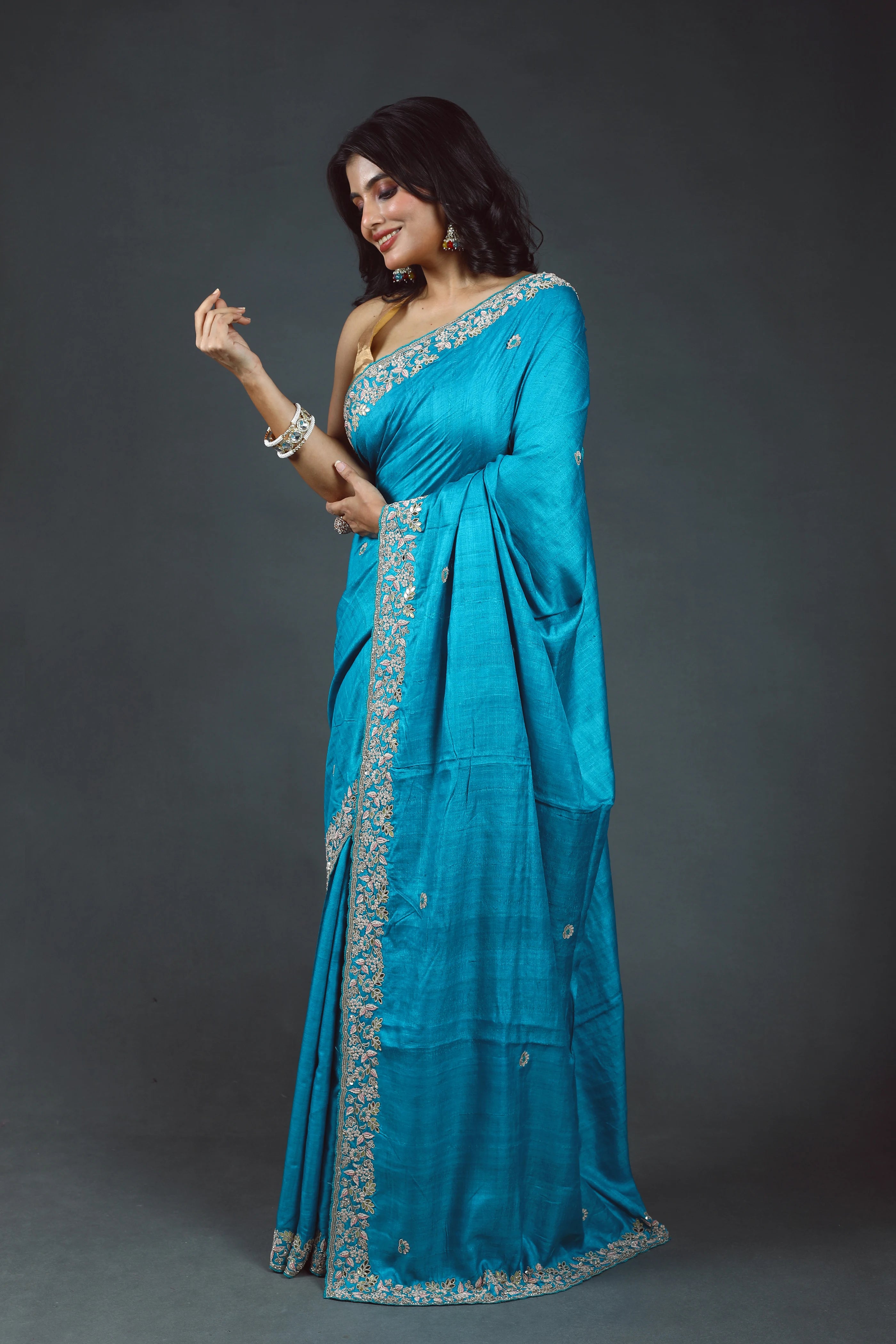 Ocean Blue Pure Tussar Zardosi Saree With Blouse Piece