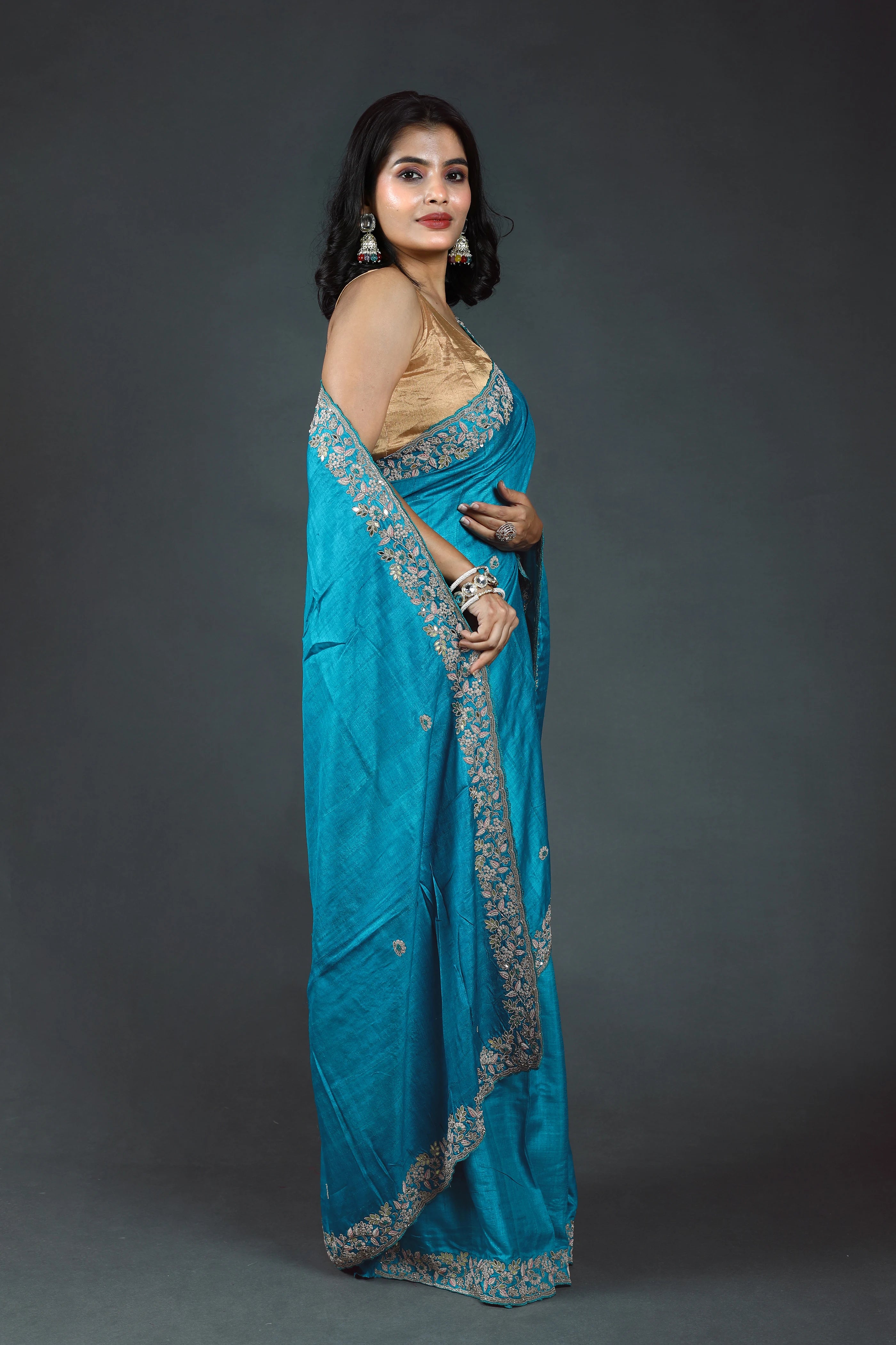 Ocean Blue Pure Tussar Zardosi Saree With Blouse Piece
