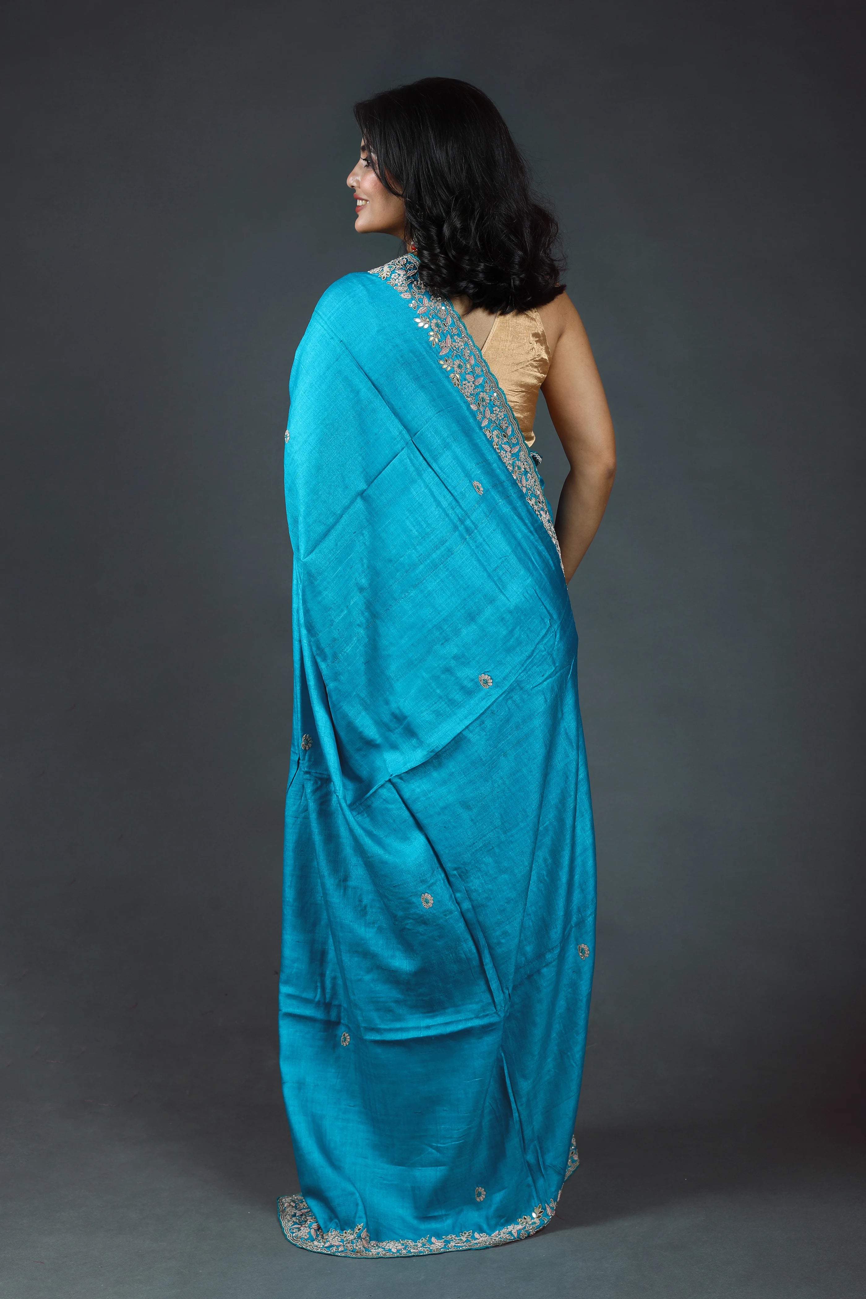 Ocean Blue Pure Tussar Zardosi Saree With Blouse Piece