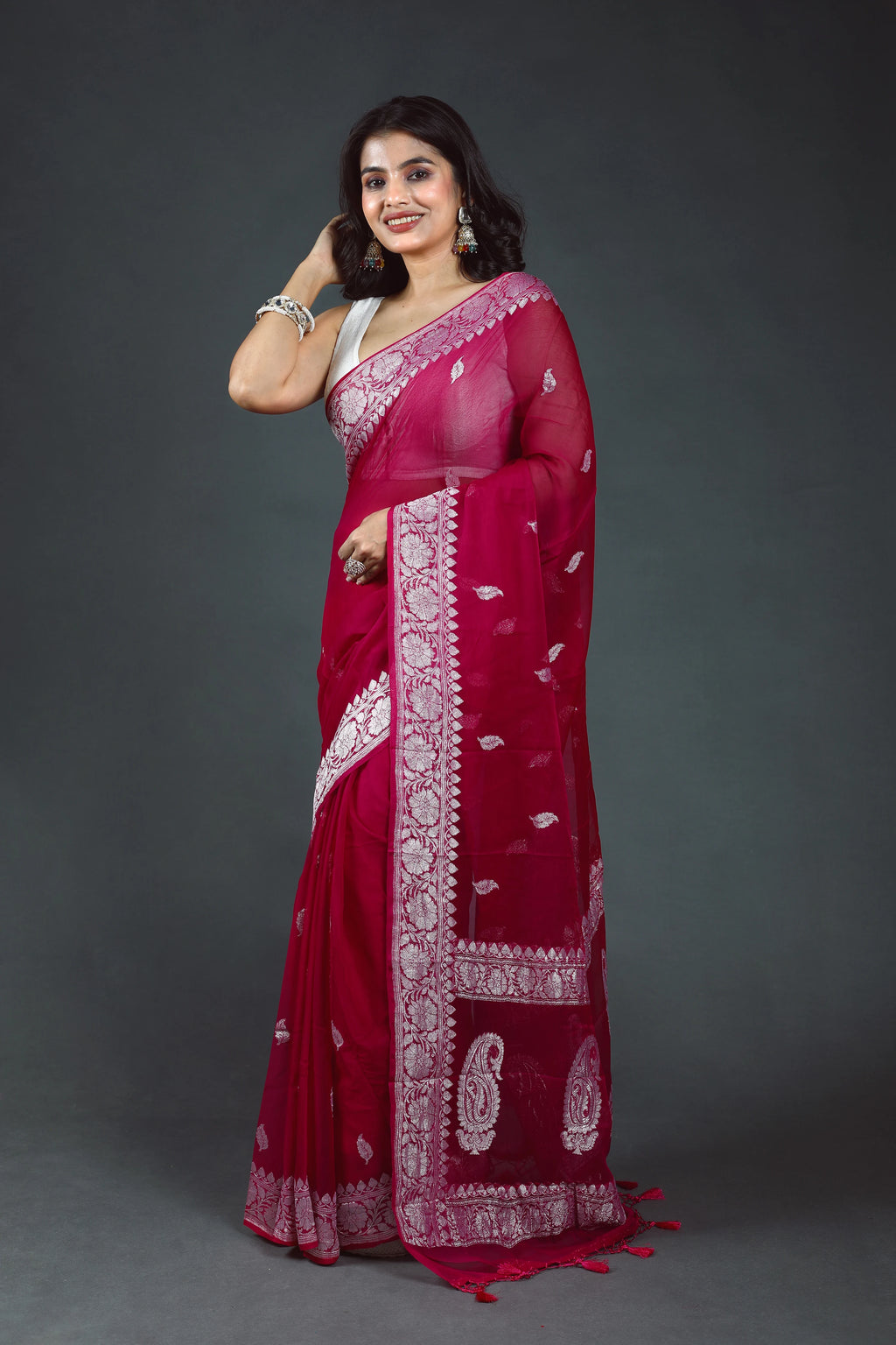 Magenda Shaded Chiffon Banarasi Saree With Blouse Piece