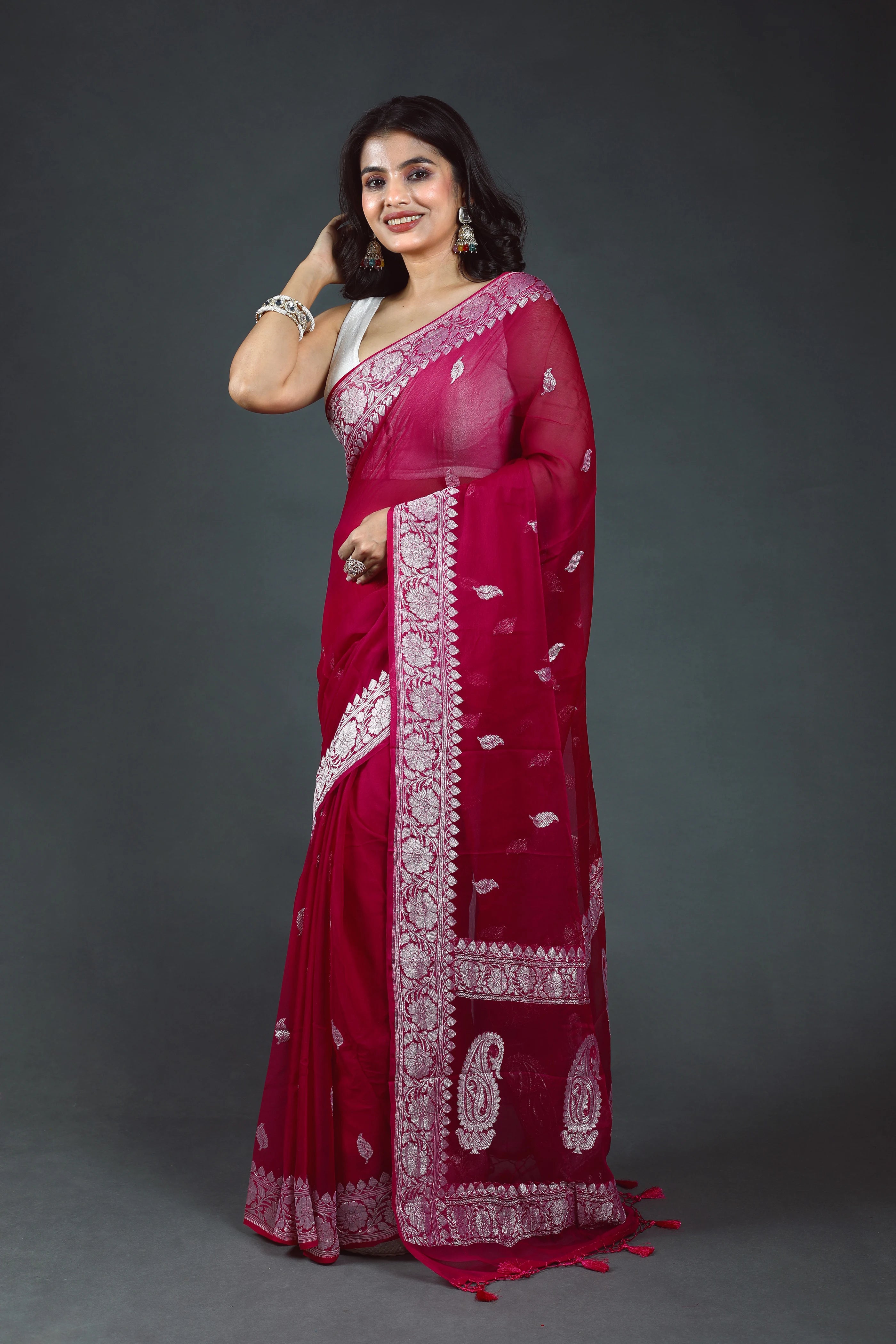 Magenda Shaded Chiffon Banarasi Saree With Blouse Piece
