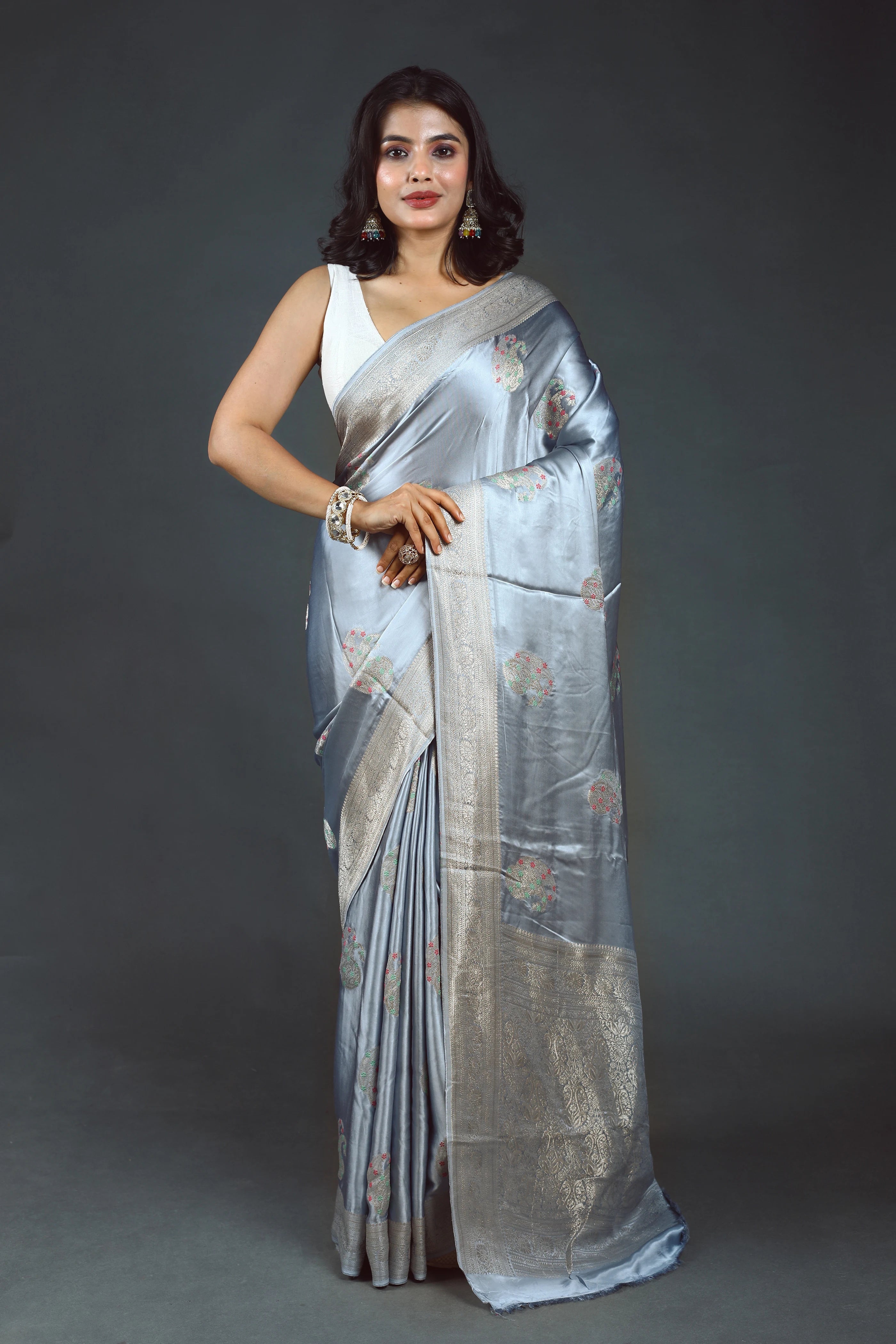 Ice Blue Semi Mashru Saree With Blouse Piece