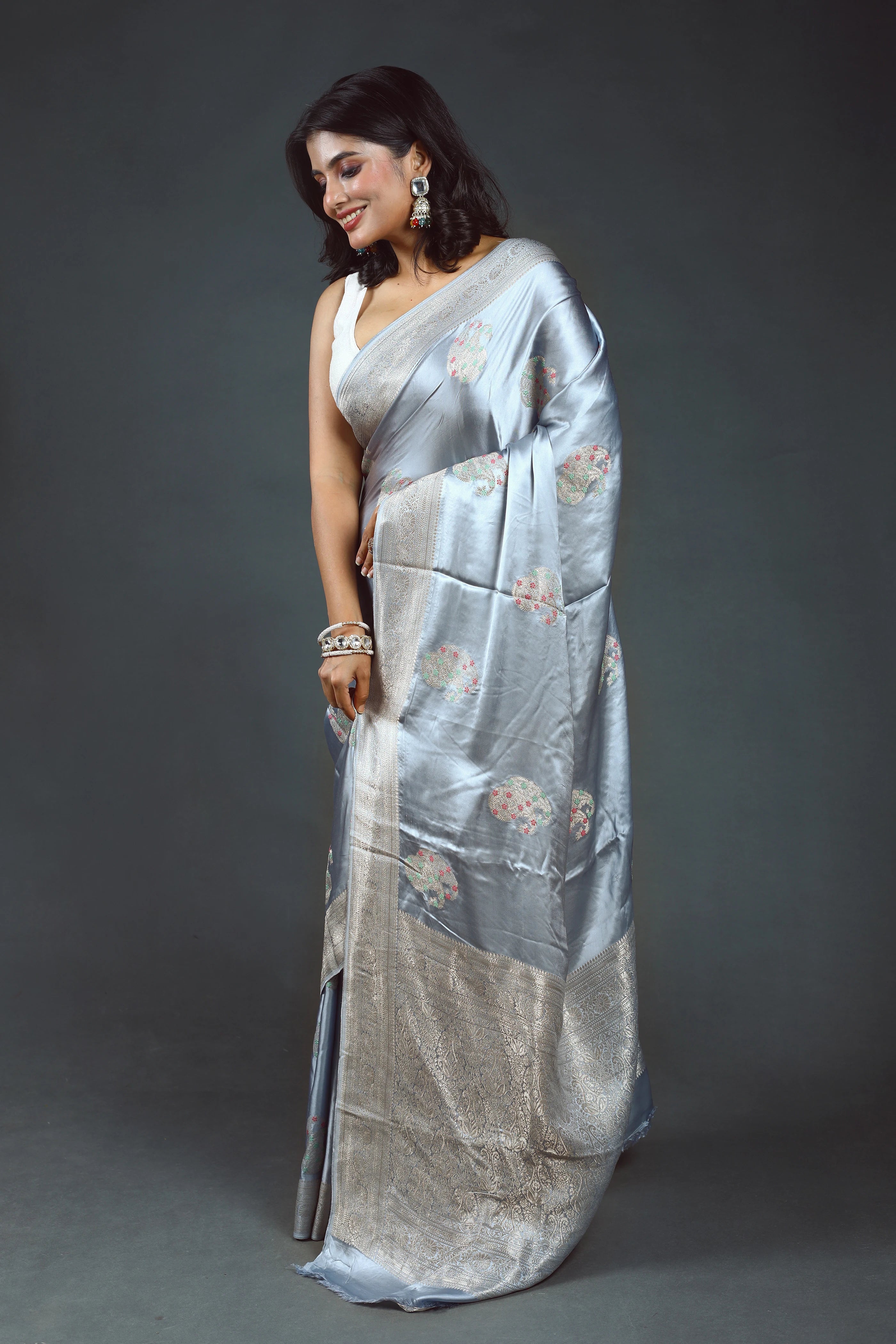 Ice Blue Semi Mashru Saree With Blouse Piece