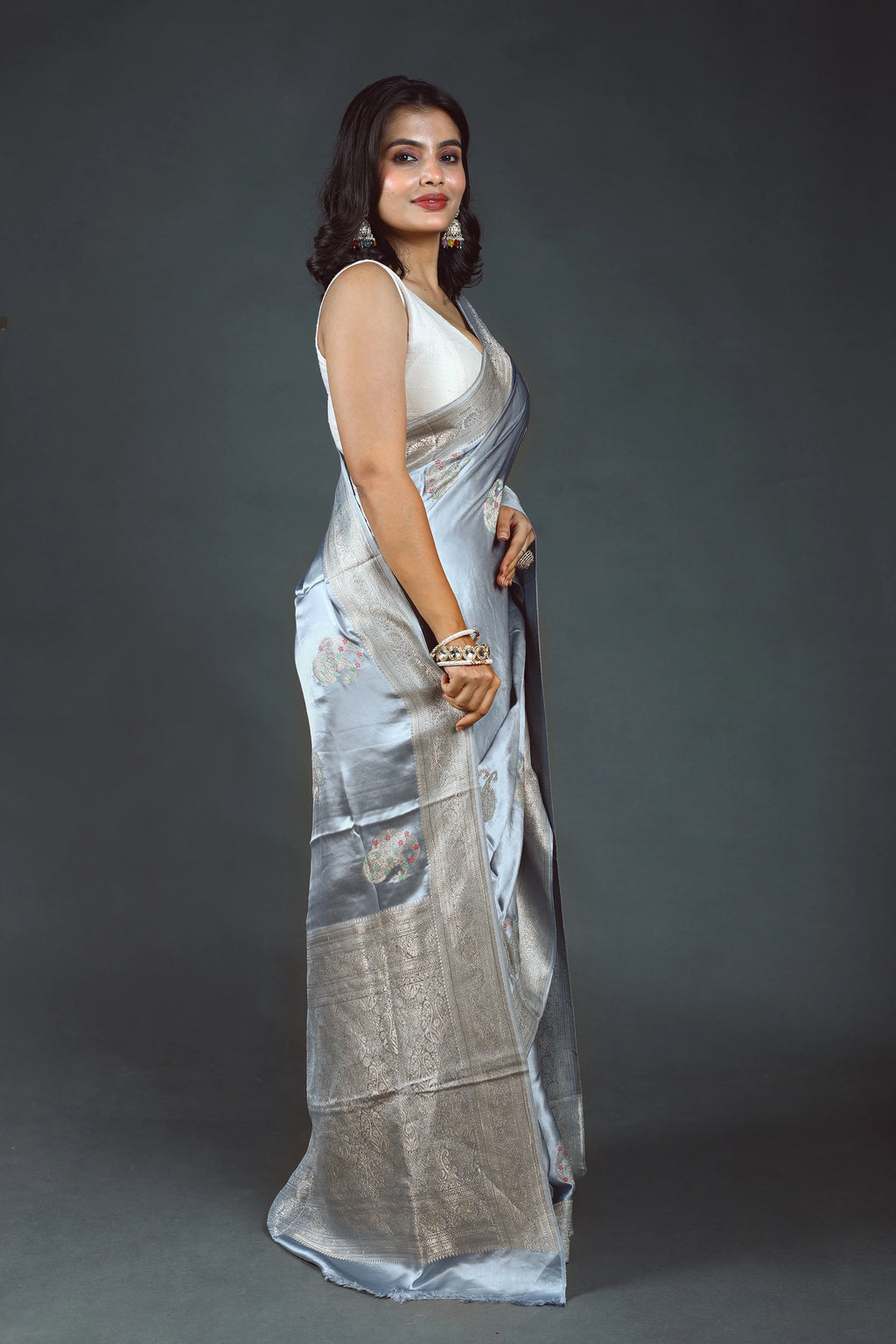 Ice Blue Semi Mashru Saree With Blouse Piece