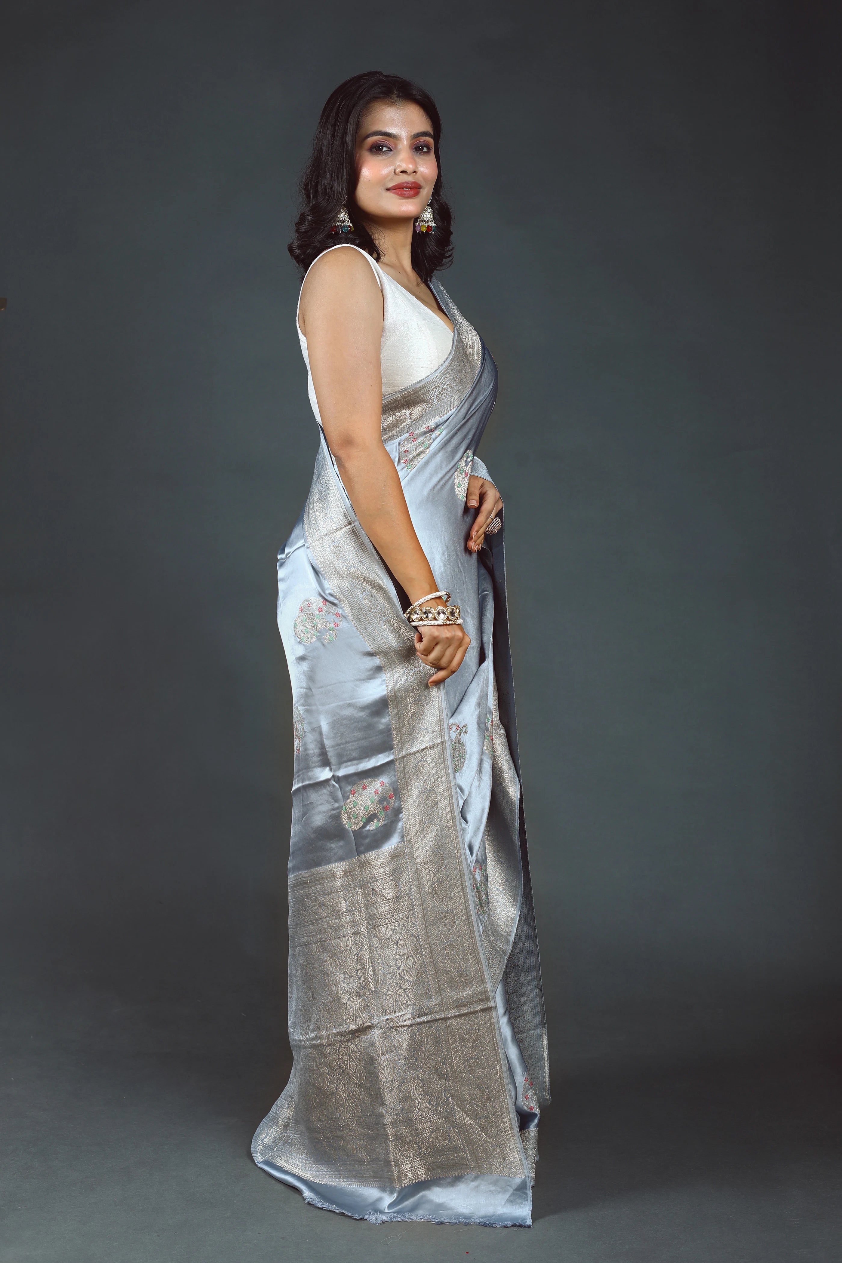 Ice Blue Semi Mashru Saree With Blouse Piece