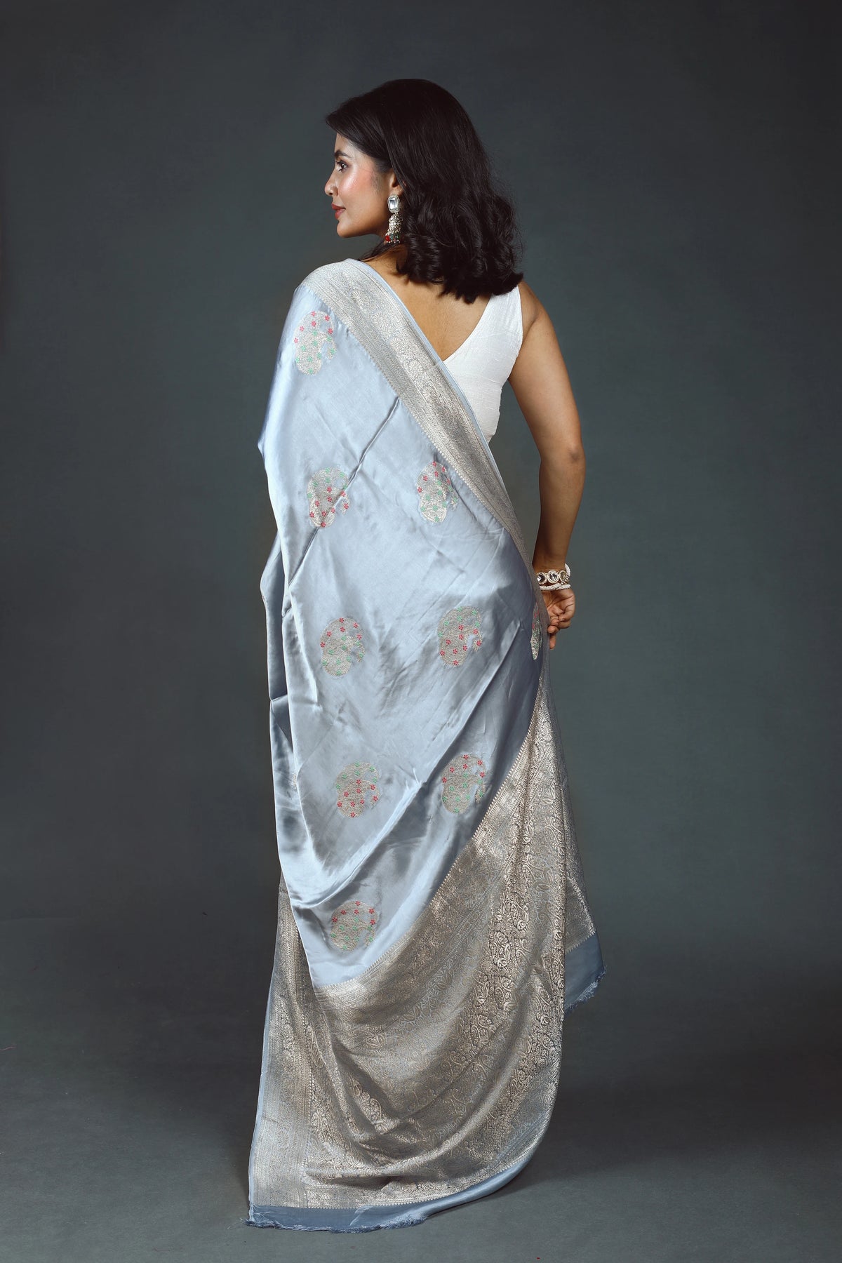 Ice Blue Semi Mashru Saree With Blouse Piece
