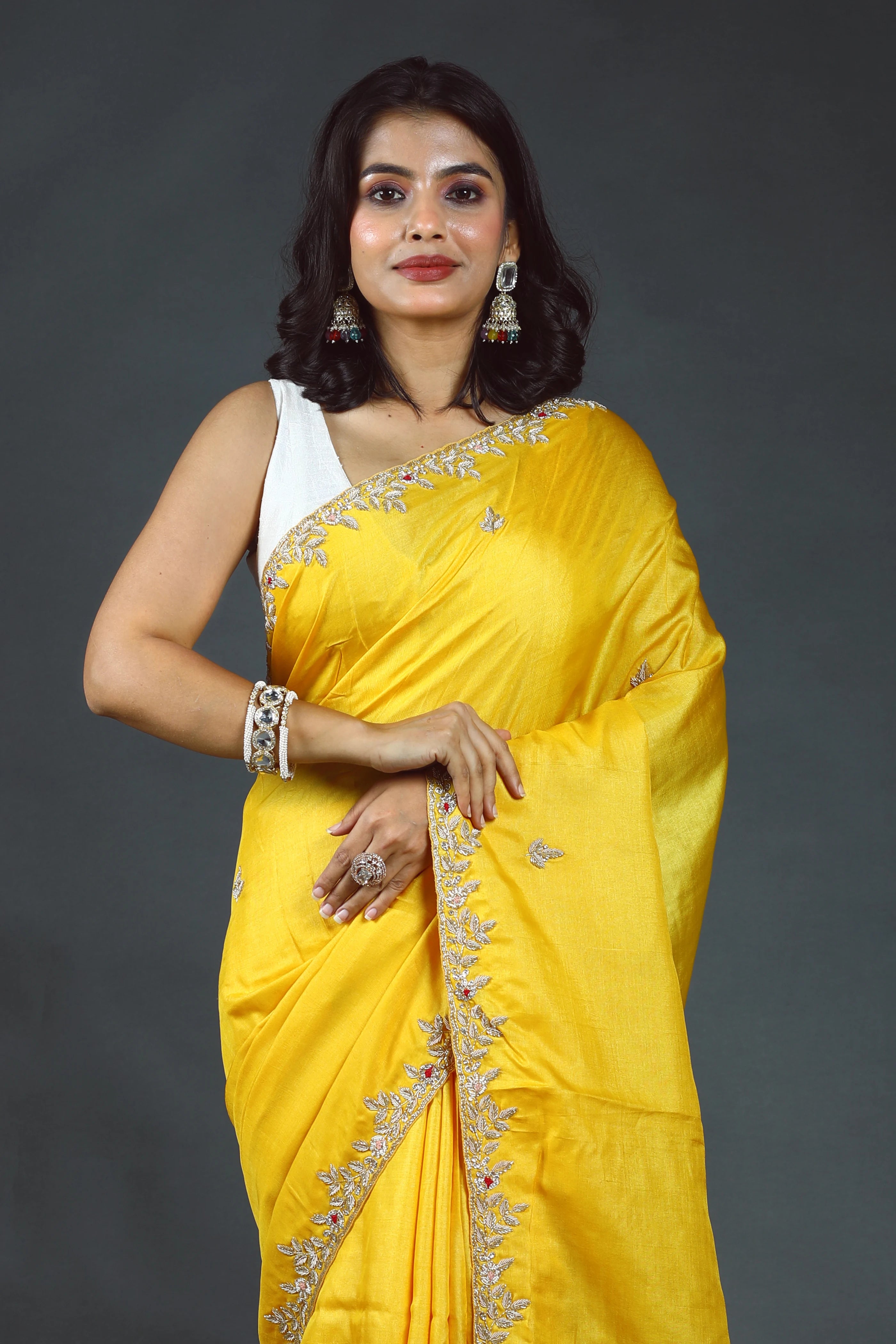 Yellow Pure Tussar Zardosi Saree With Blouse Piece