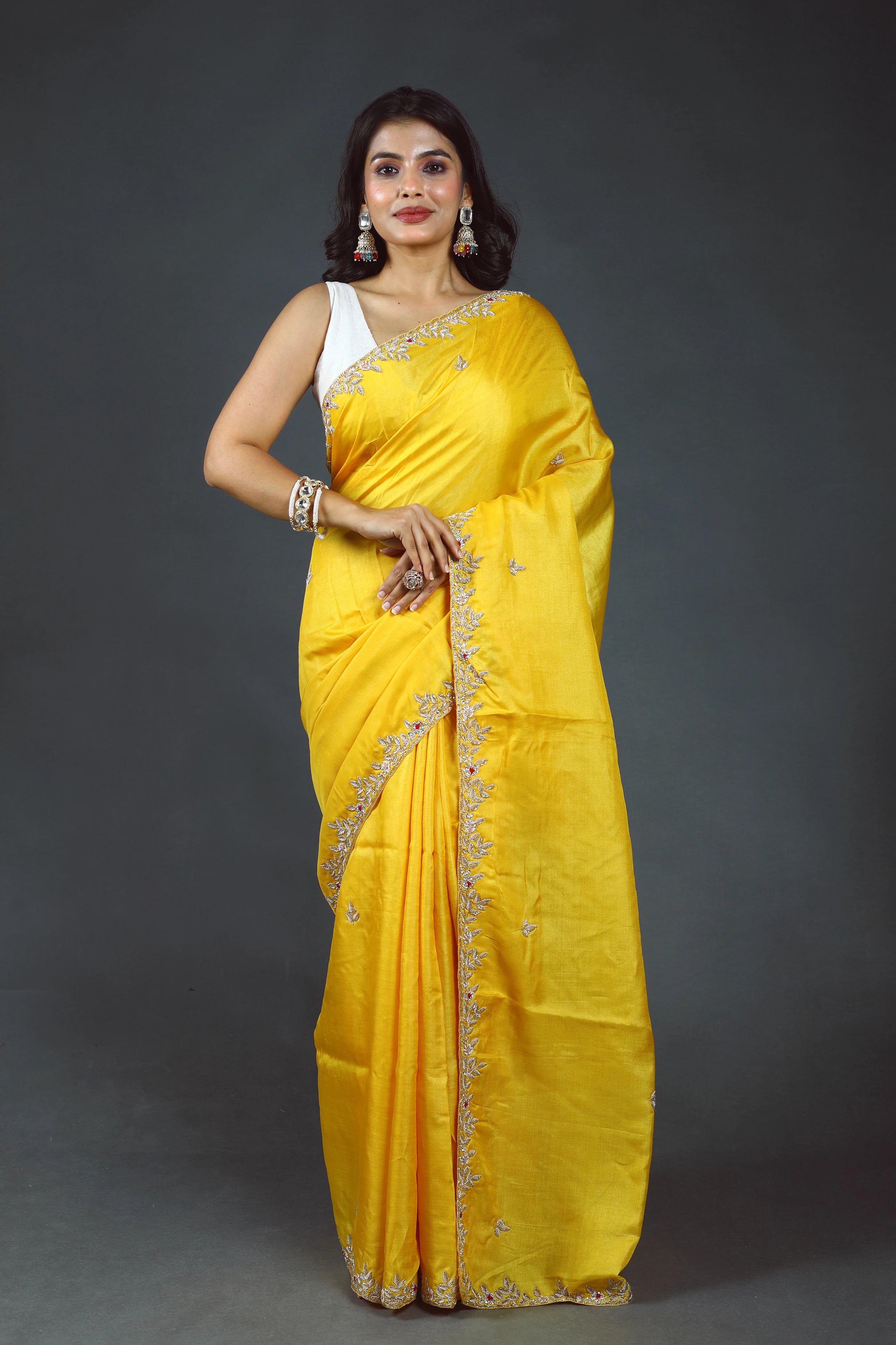 Yellow Pure Tussar Zardosi Saree With Blouse Piece