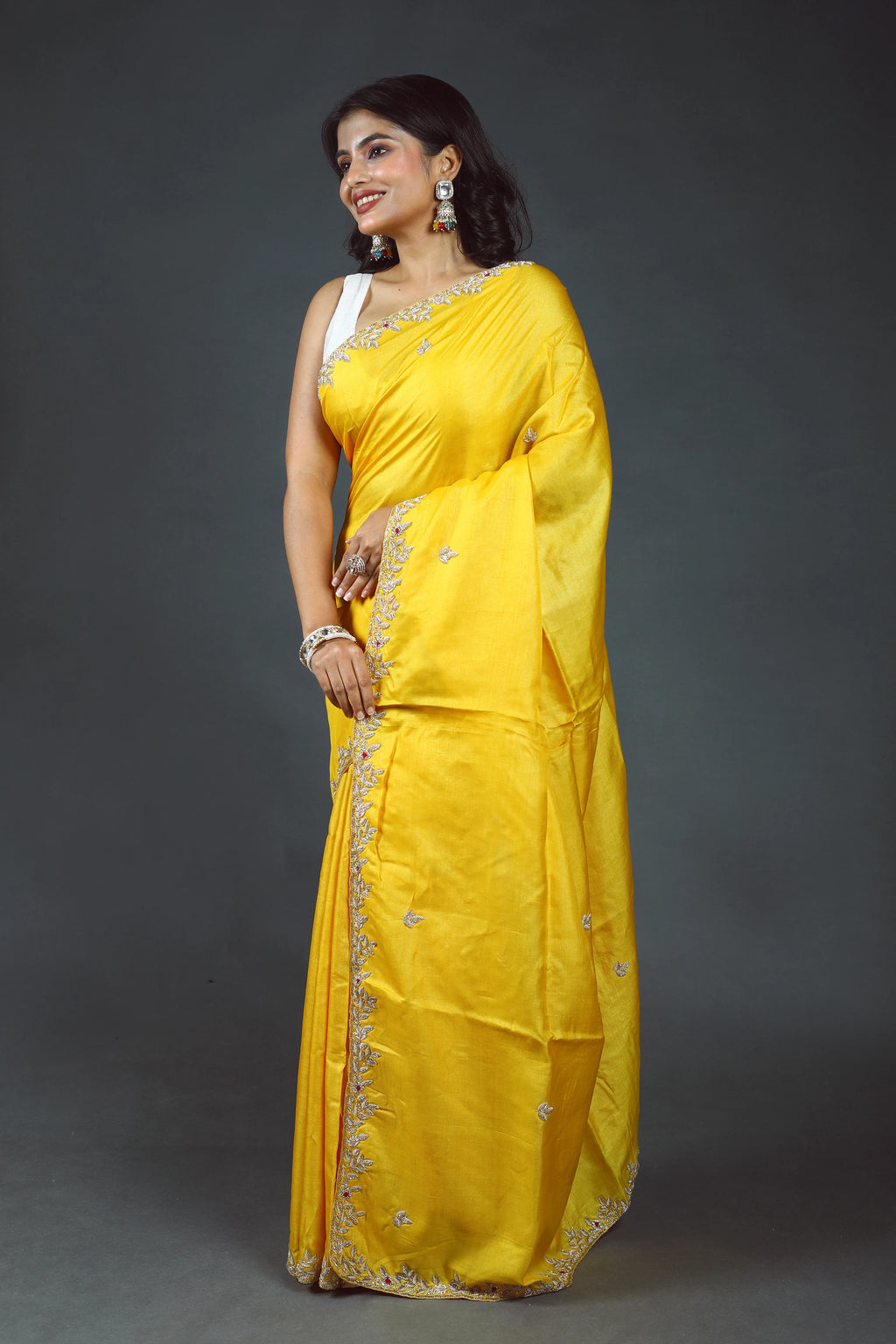 Yellow Pure Tussar Zardosi Saree With Blouse Piece