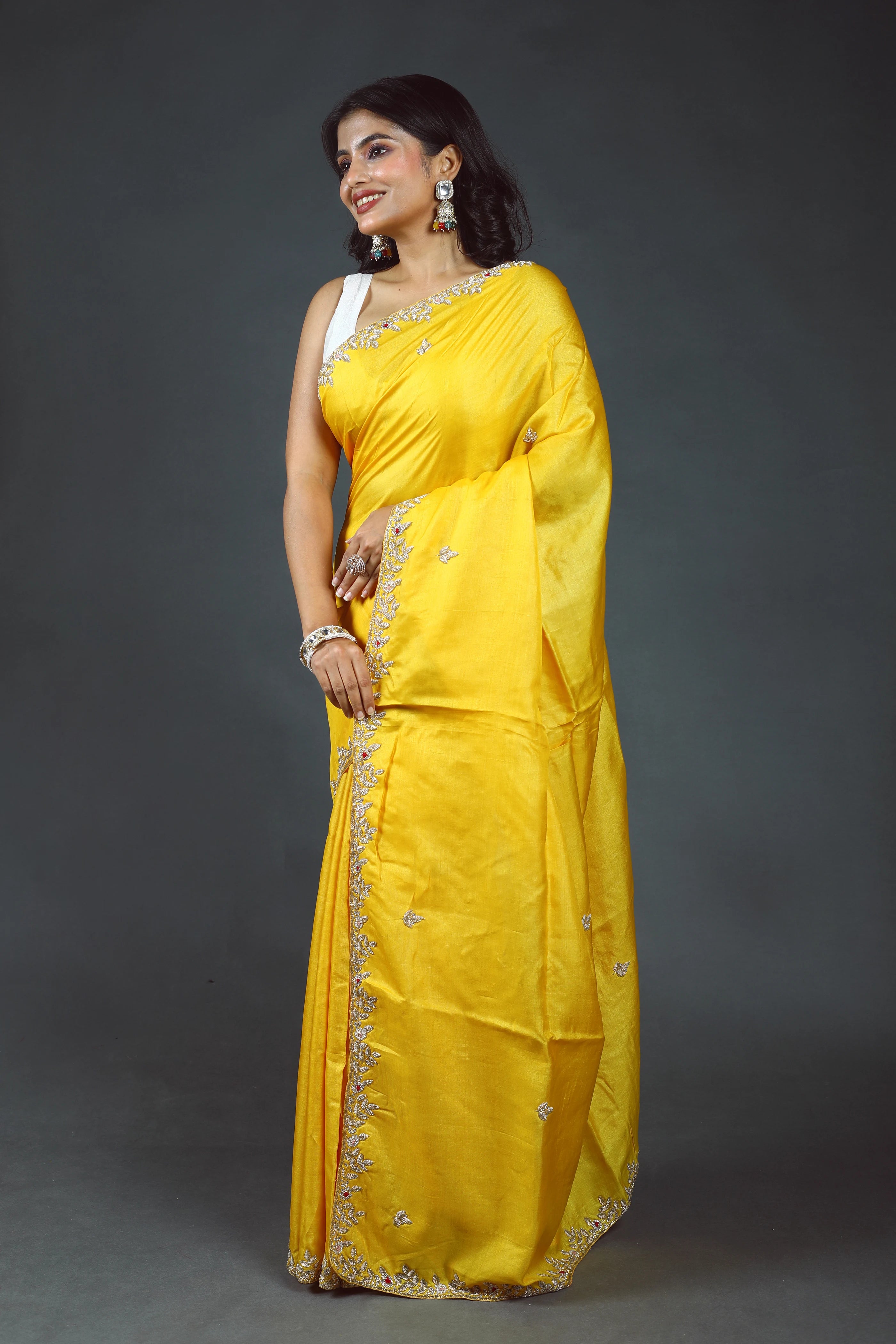 Yellow Pure Tussar Zardosi Saree With Blouse Piece