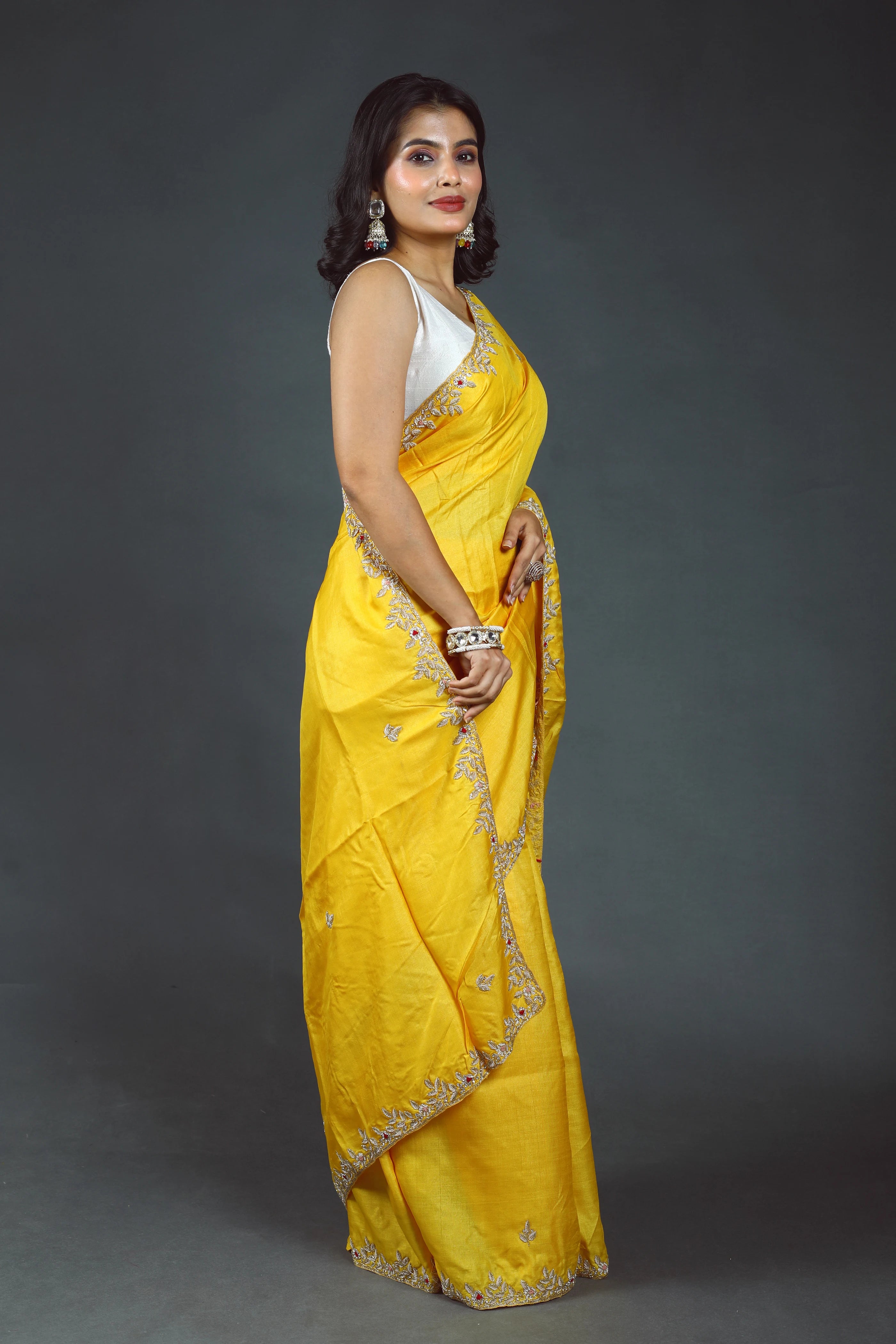 Yellow Pure Tussar Zardosi Saree With Blouse Piece