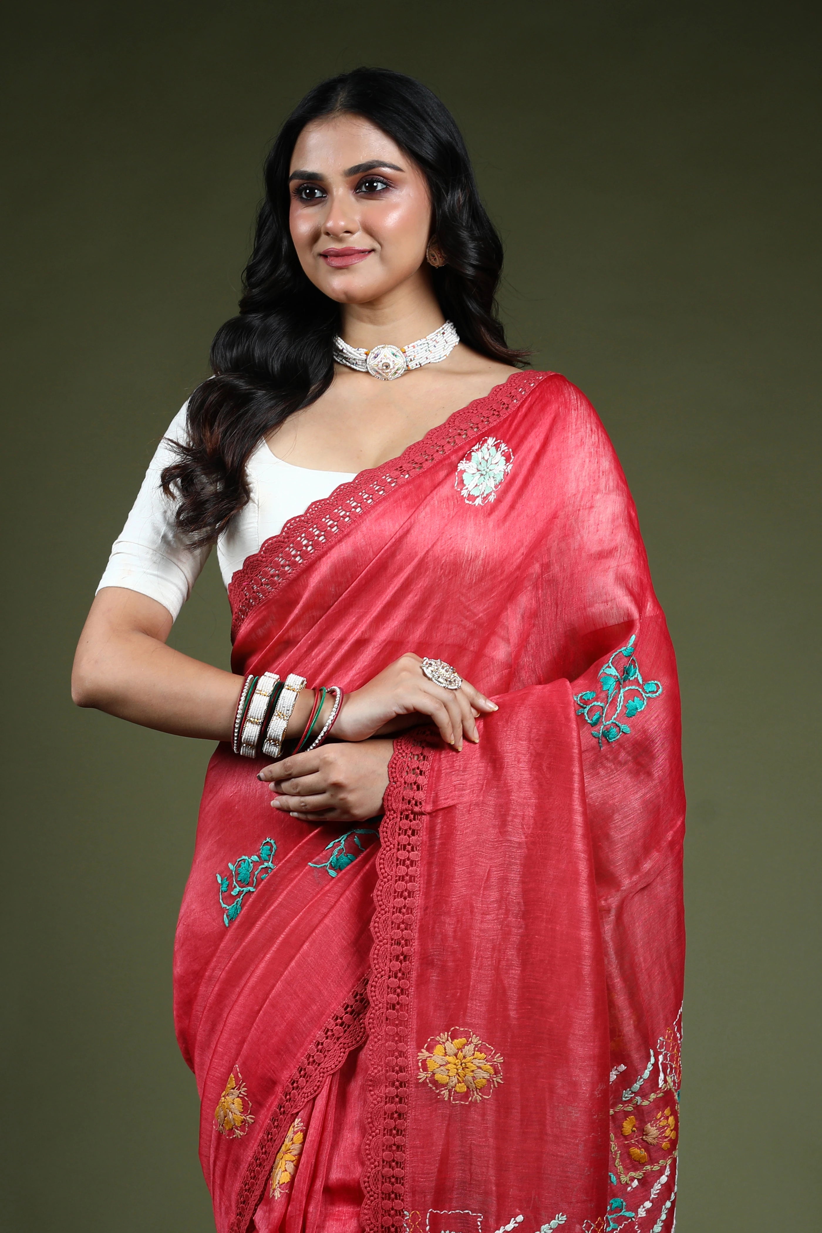 Blush Pink Linen Fusion Saree With Blouse Piece