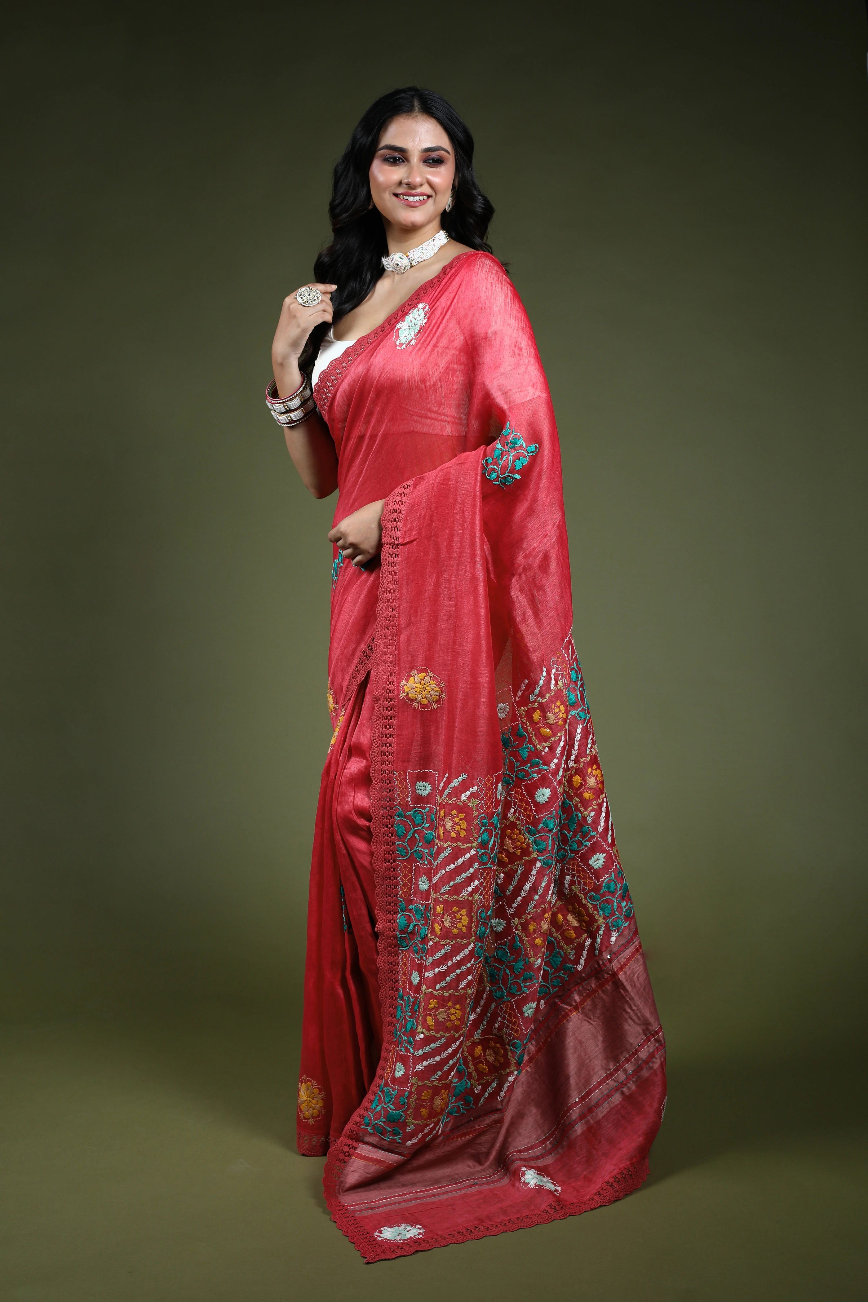 Blush Pink Linen Fusion Saree With Blouse Piece