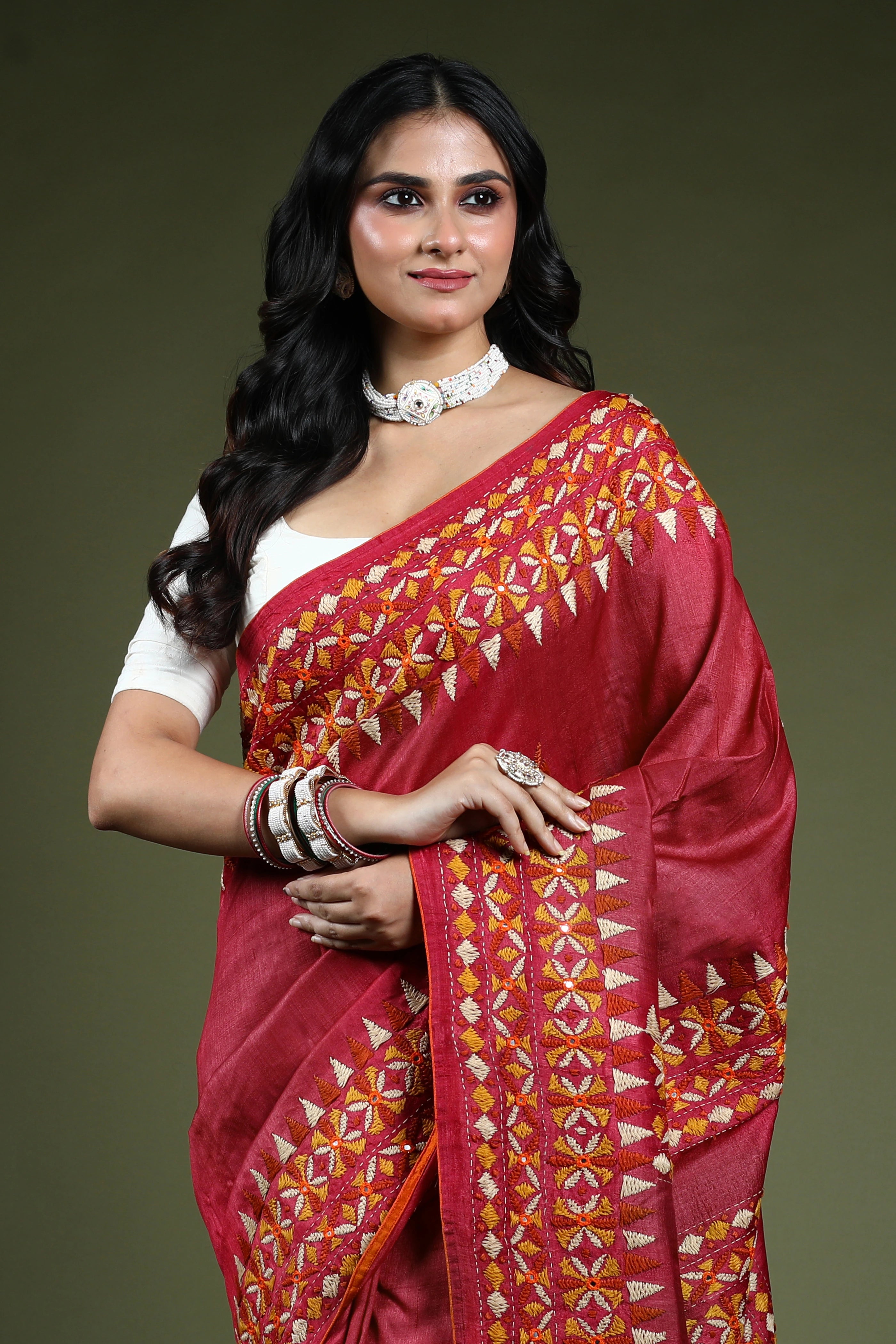 Magenda Tussar Kathiyawadi Saree With Blouse Piece