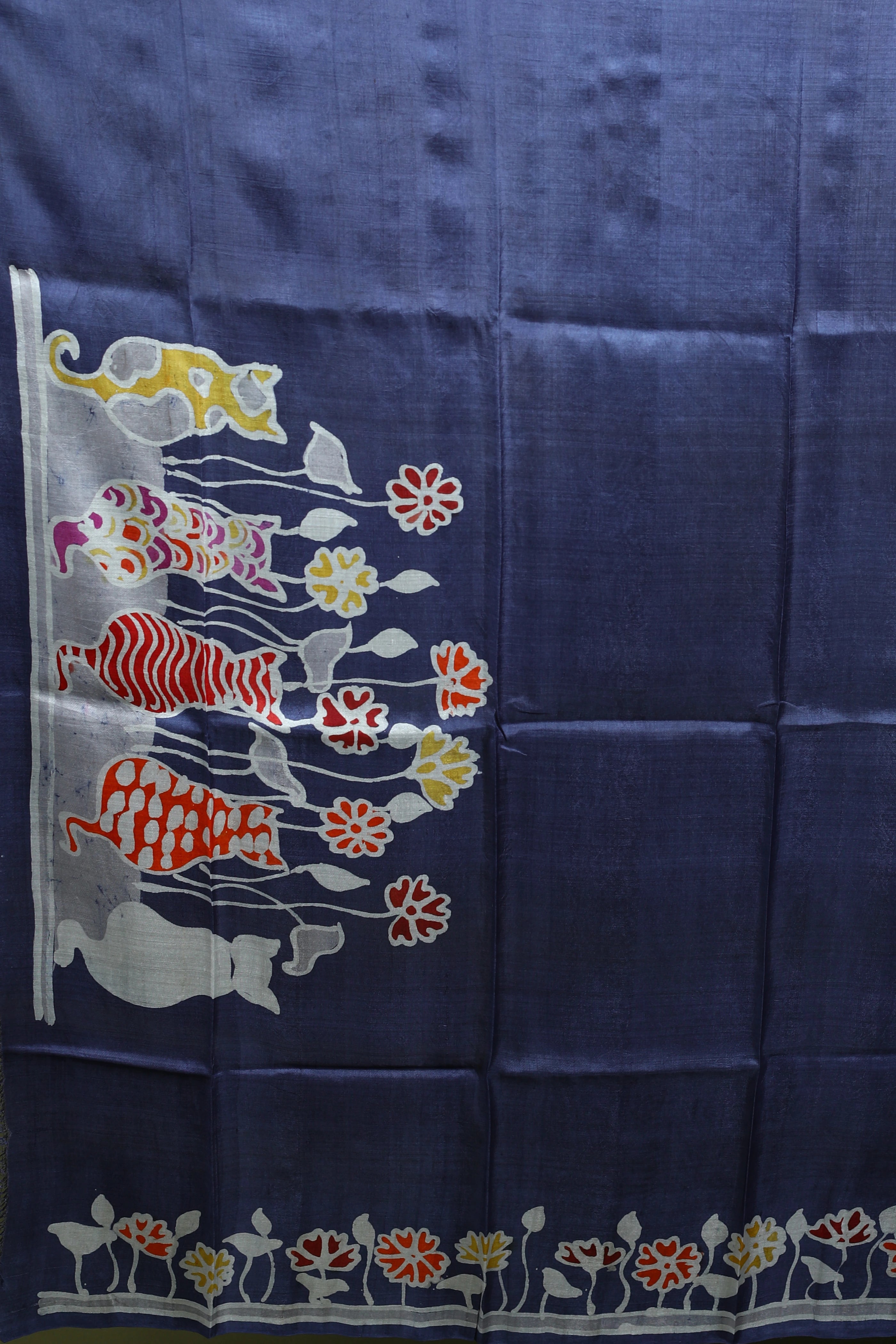 Indigo Blue Bishnupuri Batik Silk Saree With Blouse Piece
