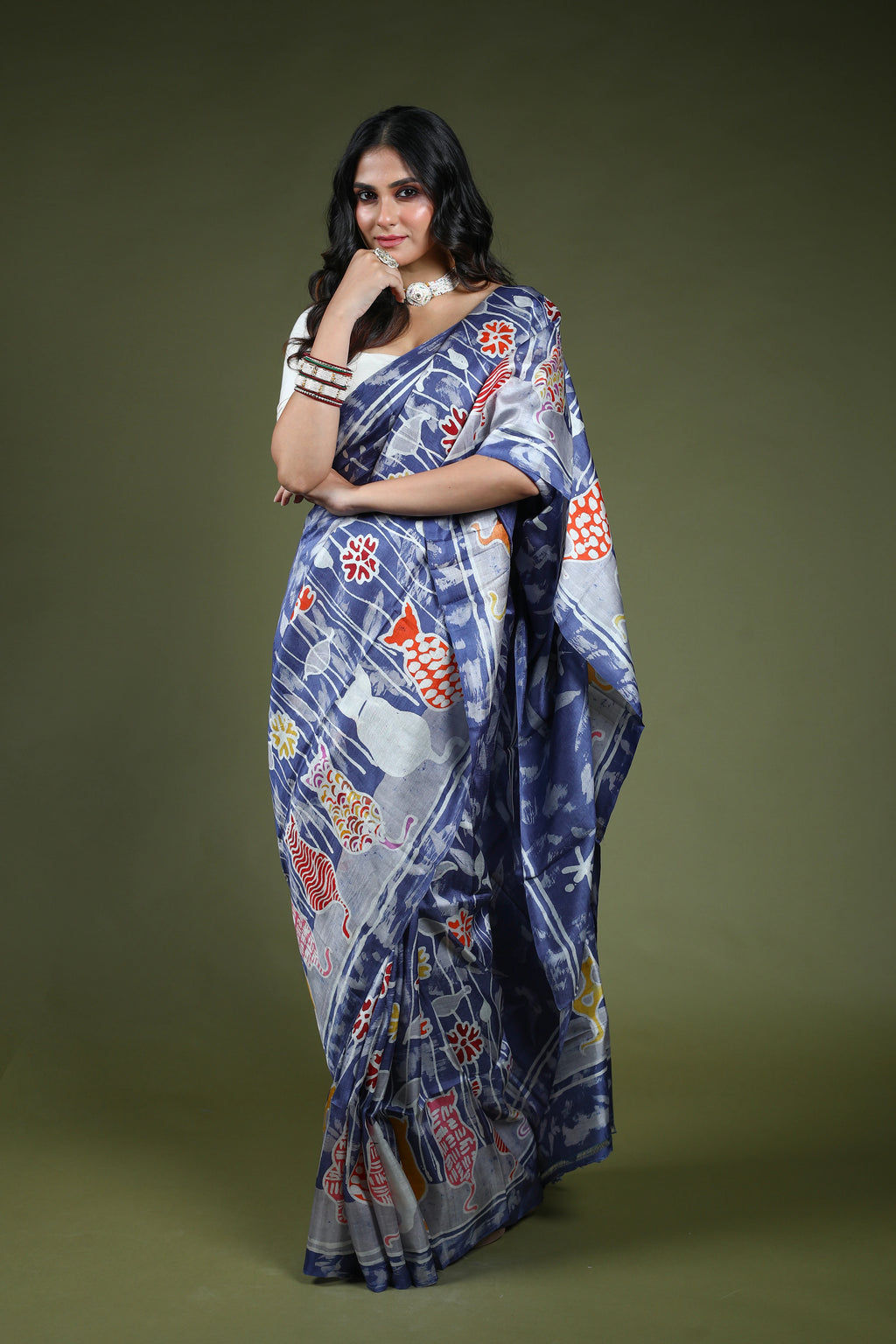 Indigo Blue Bishnupuri Batik Silk Saree With Blouse Piece