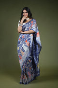 Indigo Blue Bishnupuri Batik Silk Saree With Blouse Piece