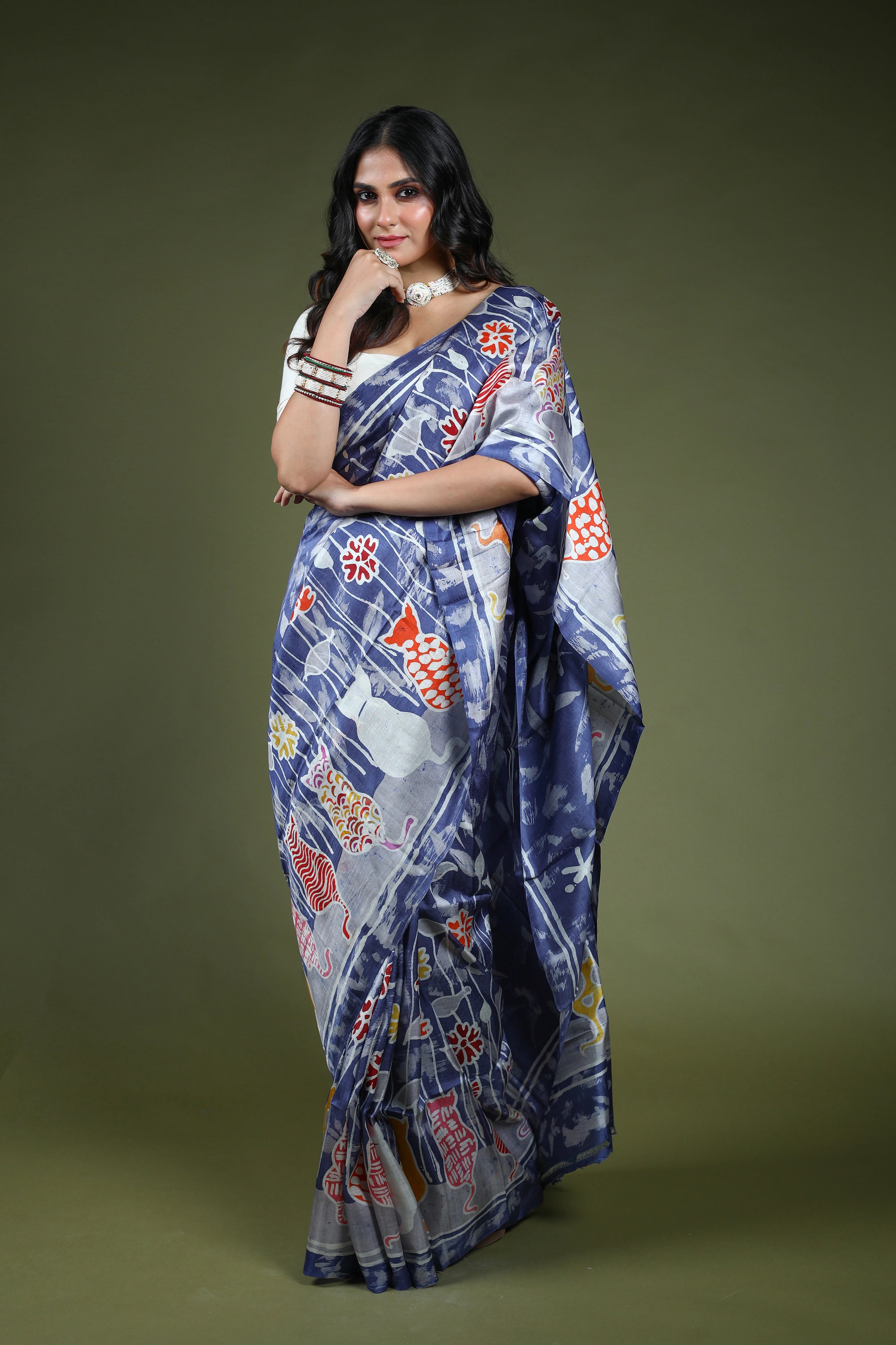 Indigo Blue Bishnupuri Batik Silk Saree With Blouse Piece