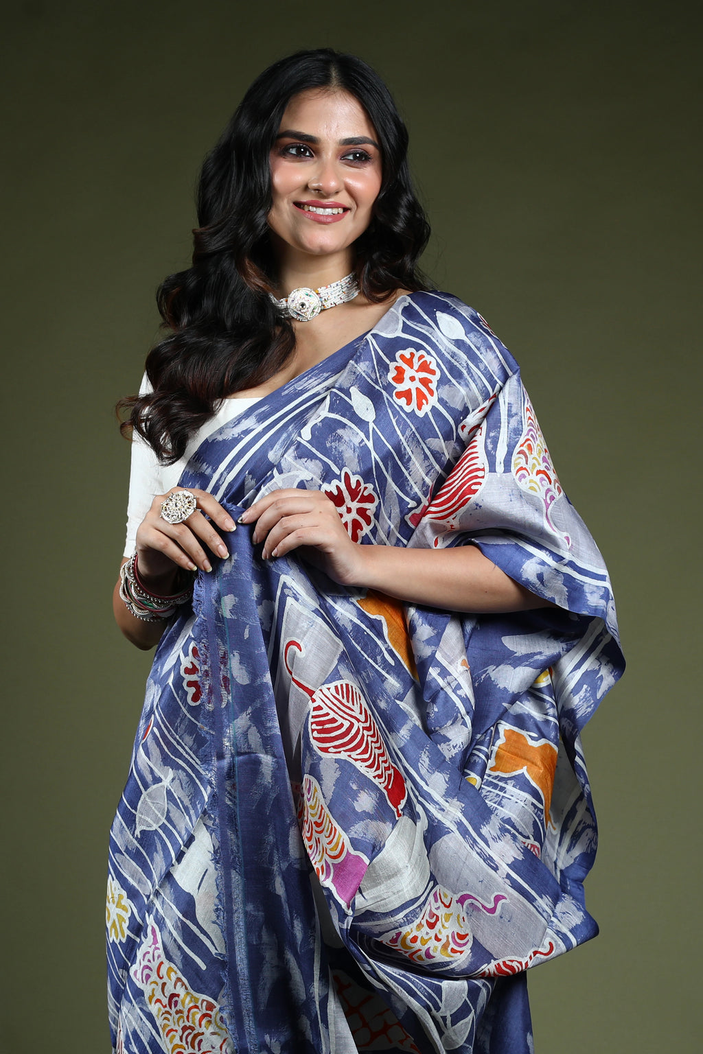Indigo Blue Bishnupuri Batik Silk Saree With Blouse Piece