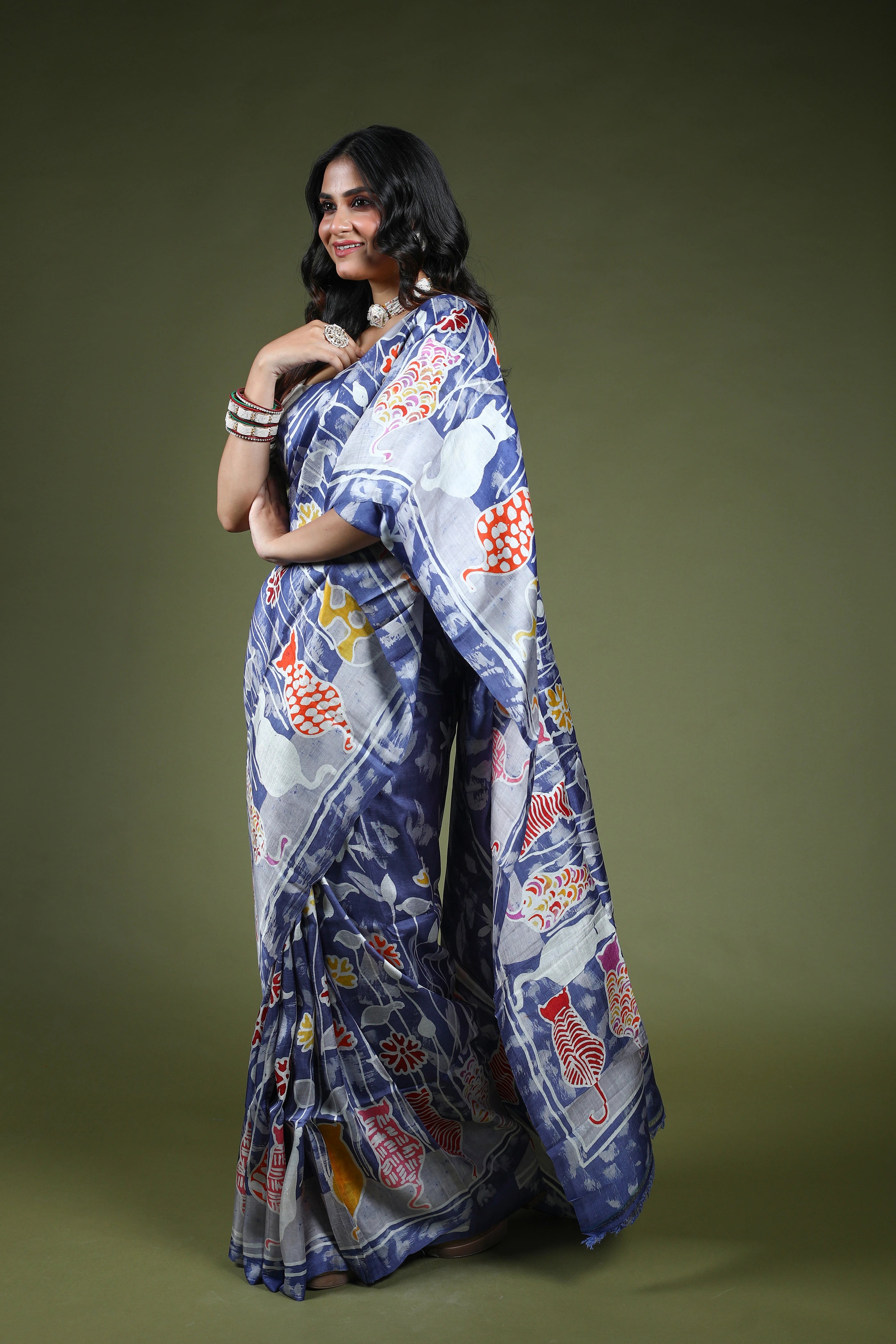 Indigo Blue Bishnupuri Batik Silk Saree With Blouse Piece