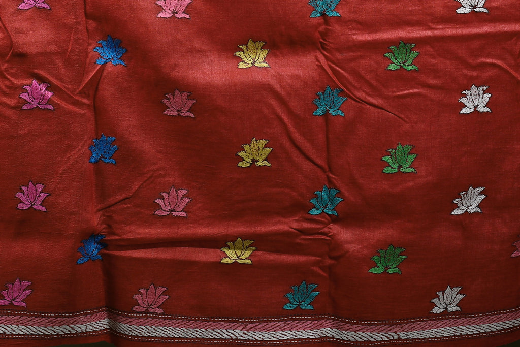 Brick Red Tussar Kantha Saree With Blouse Piece