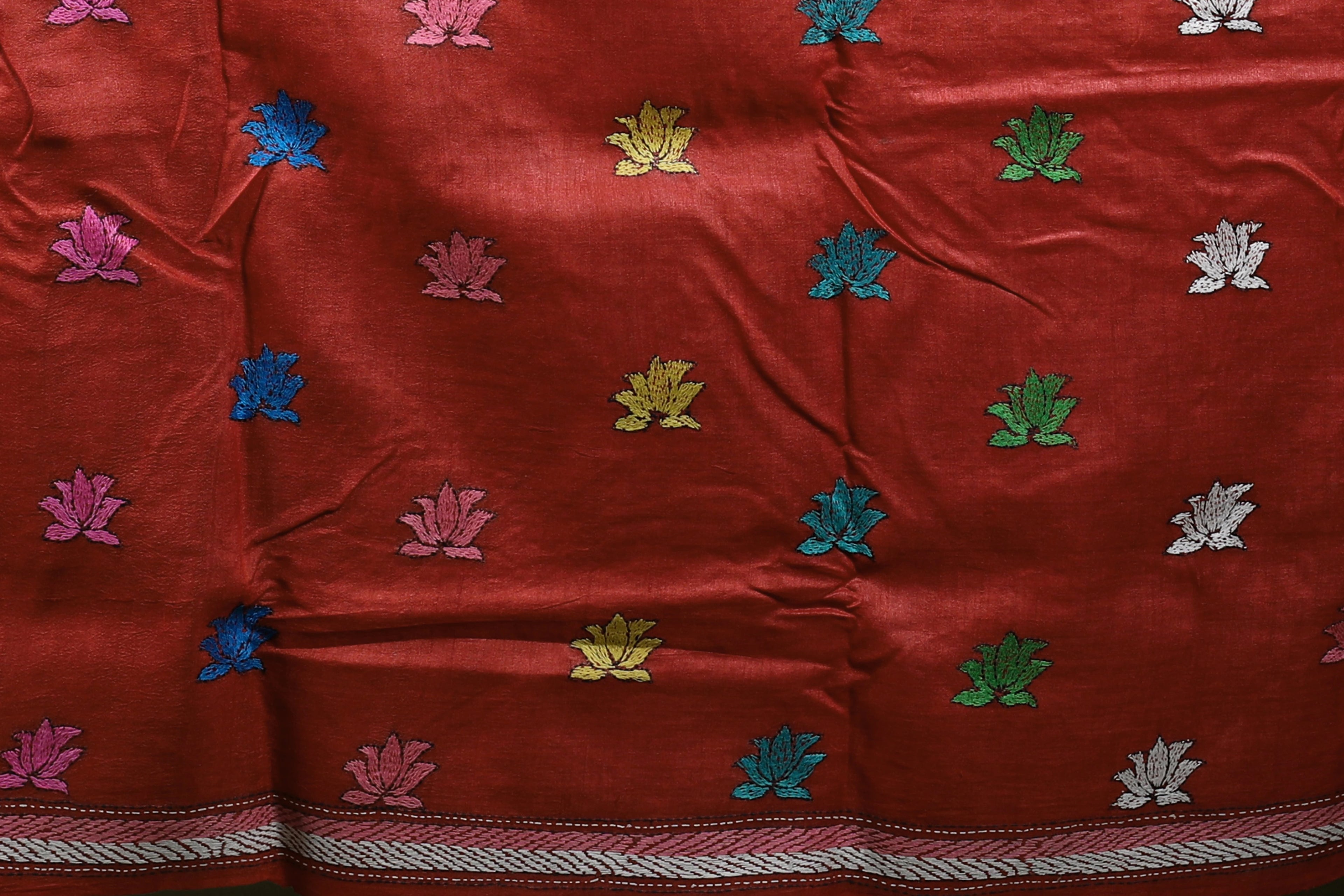Brick Red Tussar Kantha Saree With Blouse Piece