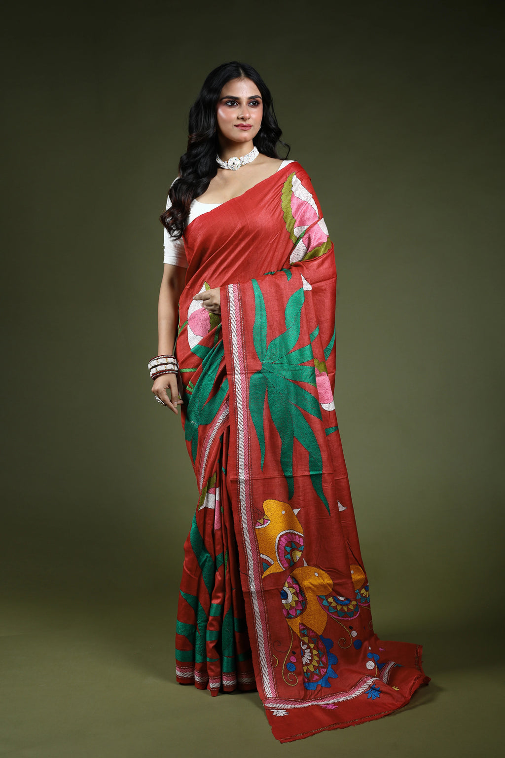 Brick Red Tussar Kantha Saree With Blouse Piece