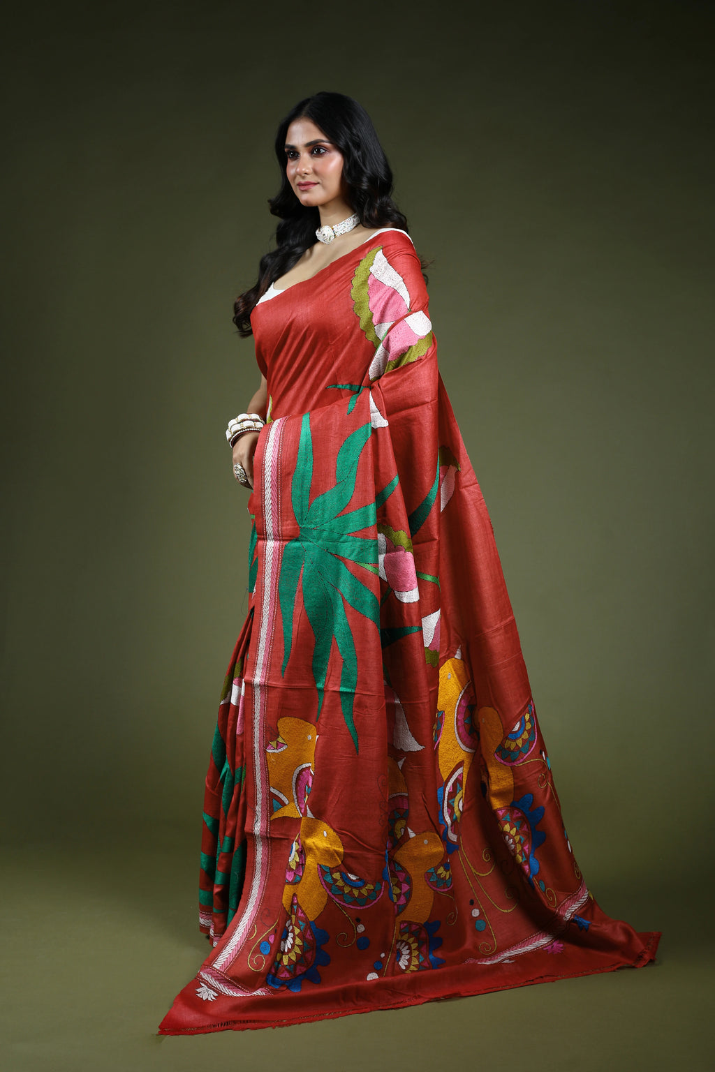 Brick Red Tussar Kantha Saree With Blouse Piece