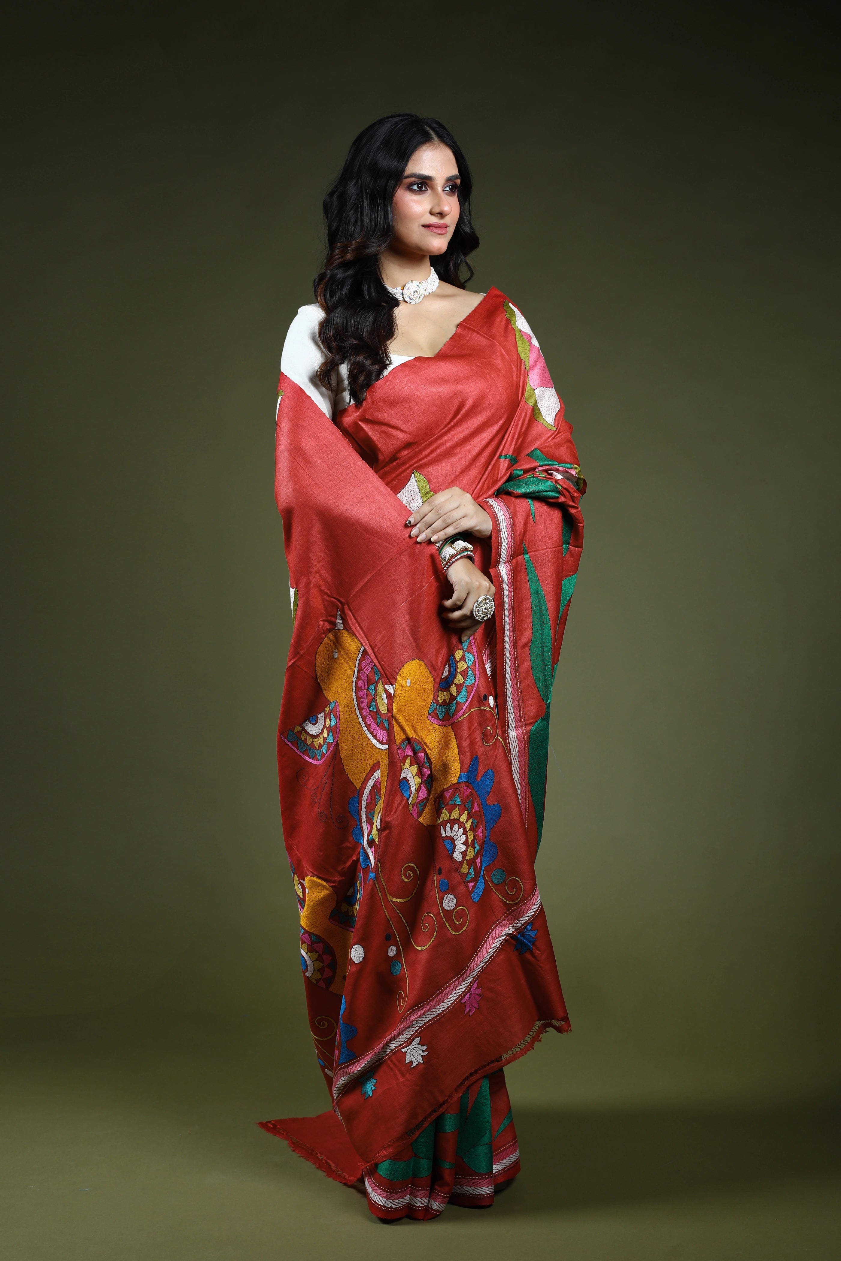 Brick Red Tussar Kantha Saree With Blouse Piece
