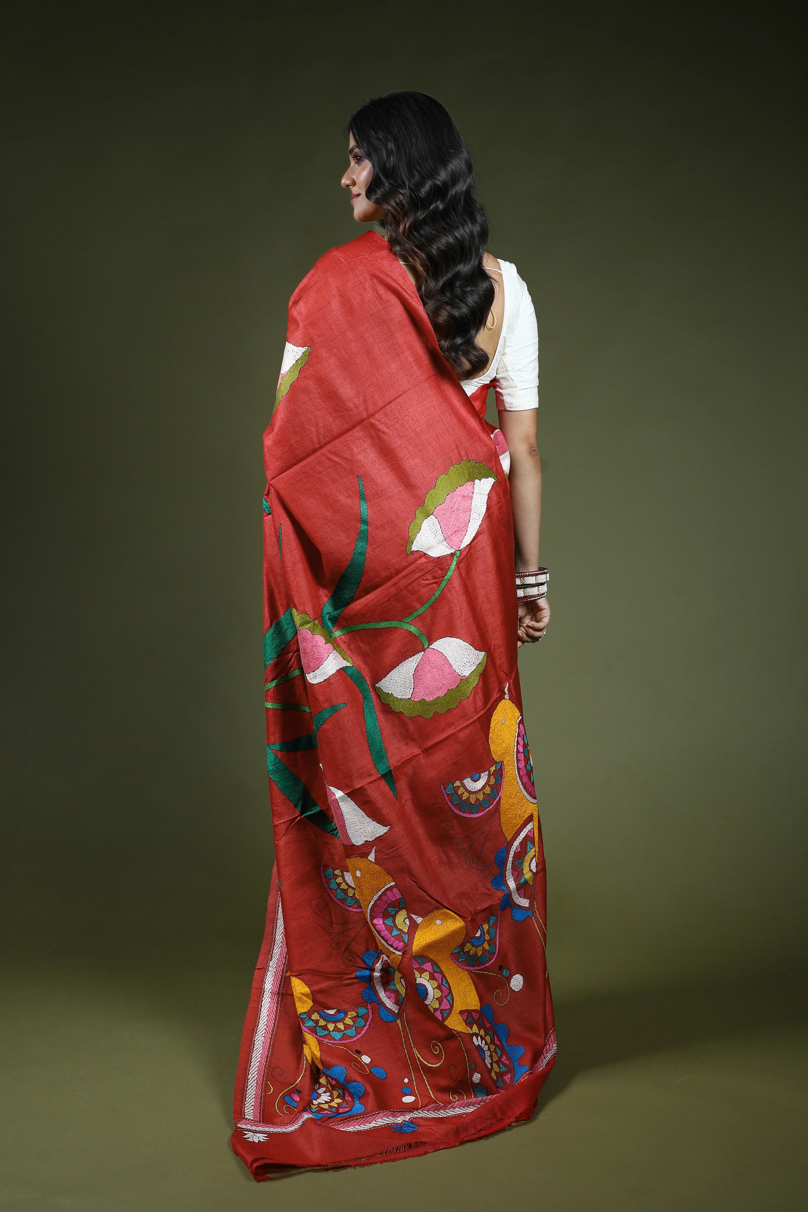 Brick Red Tussar Kantha Saree With Blouse Piece