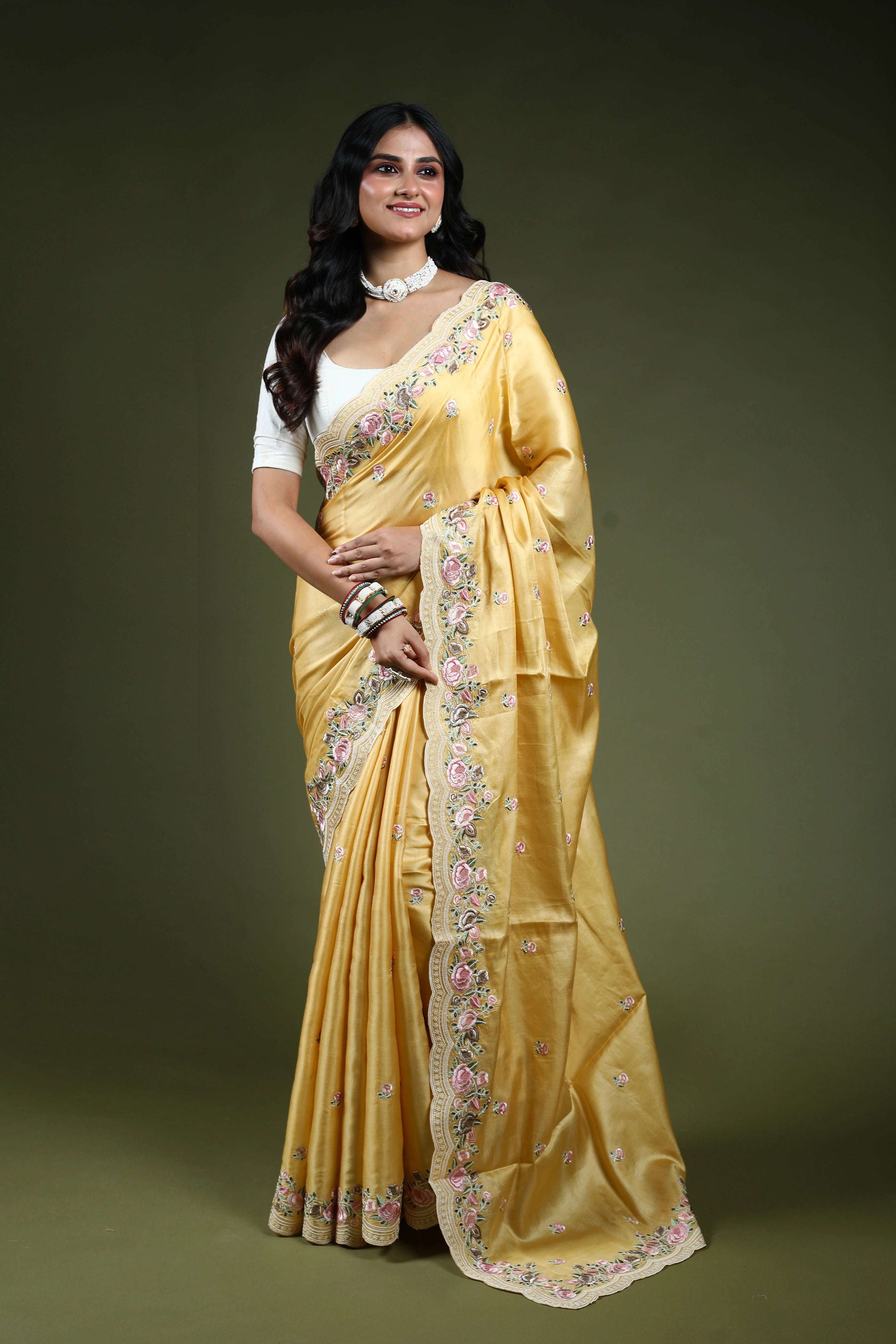 Pastel Yellow Semi Tussar Embroidery Saree With Blouse Piece