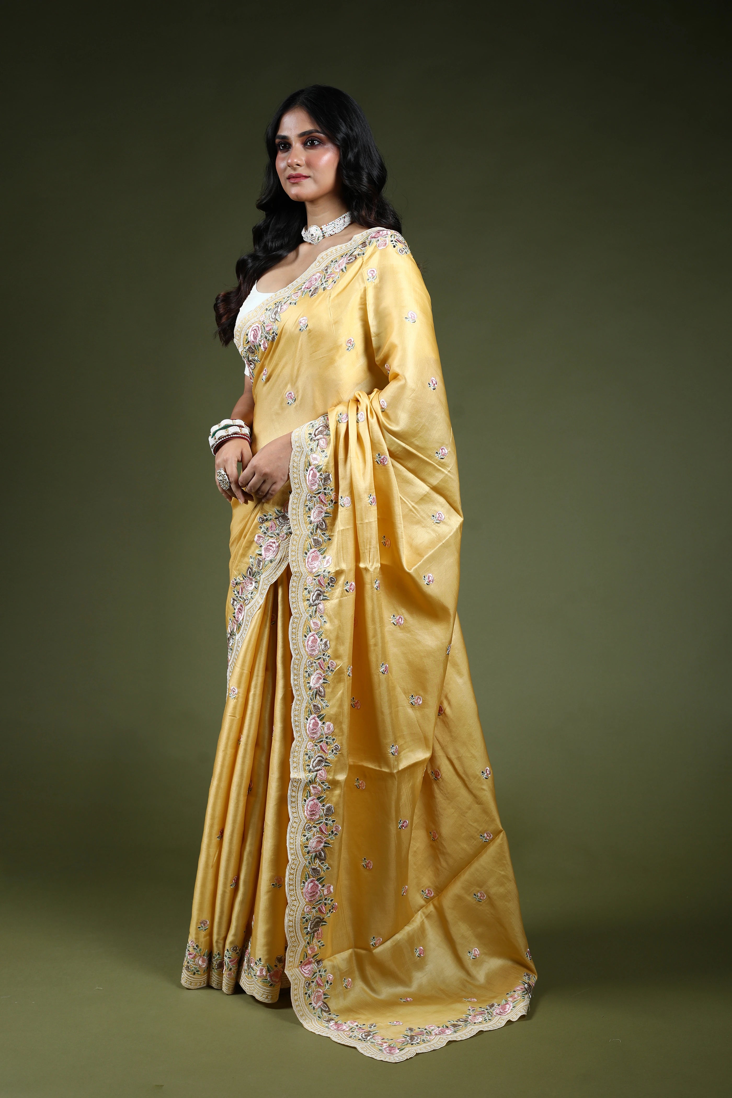 Pastel Yellow Semi Tussar Embroidery Saree With Blouse Piece
