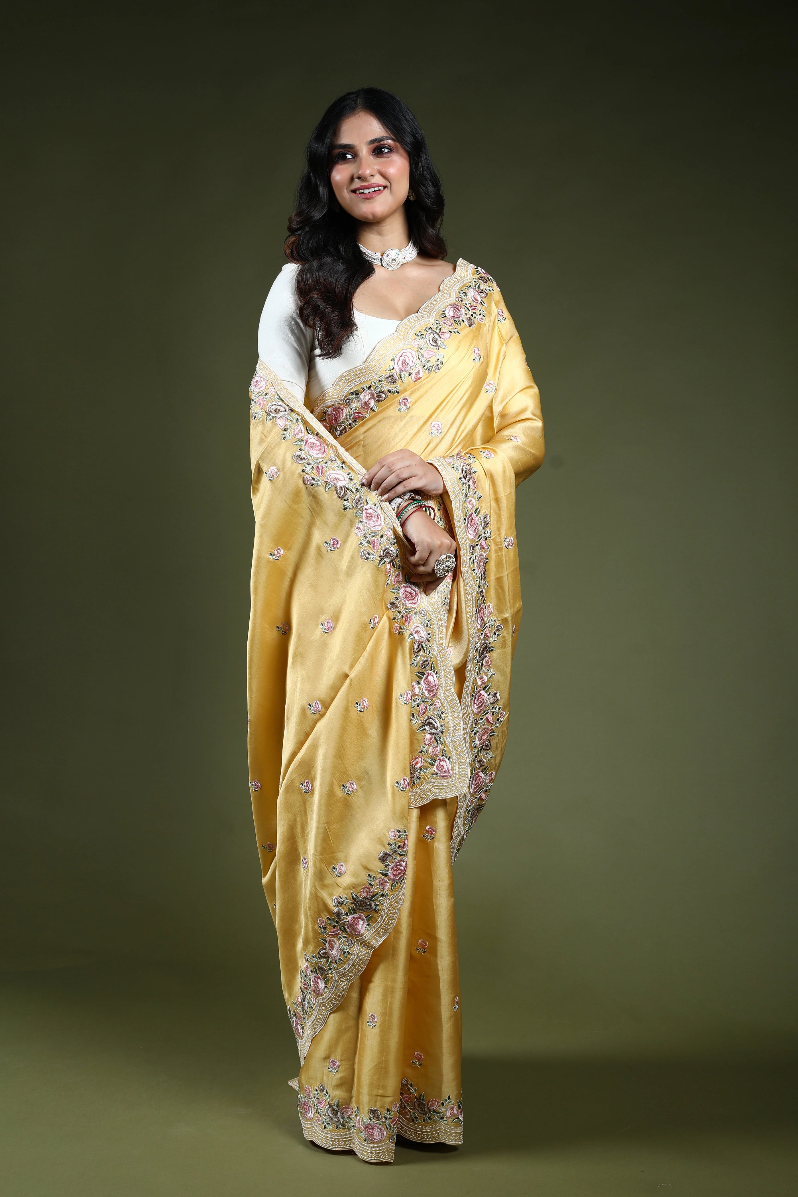 Pastel Yellow Semi Tussar Embroidery Saree With Blouse Piece