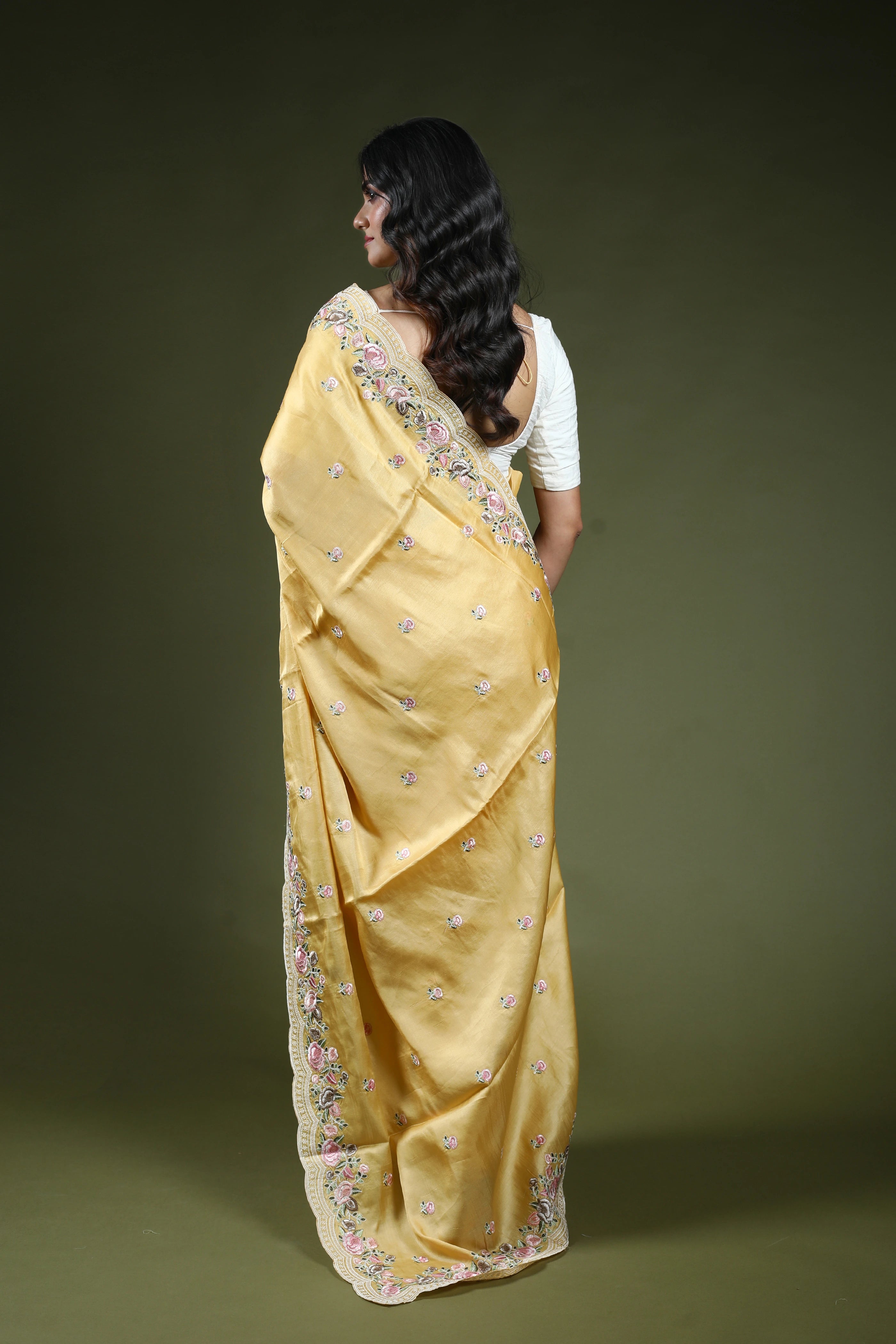 Pastel Yellow Semi Tussar Embroidery Saree With Blouse Piece