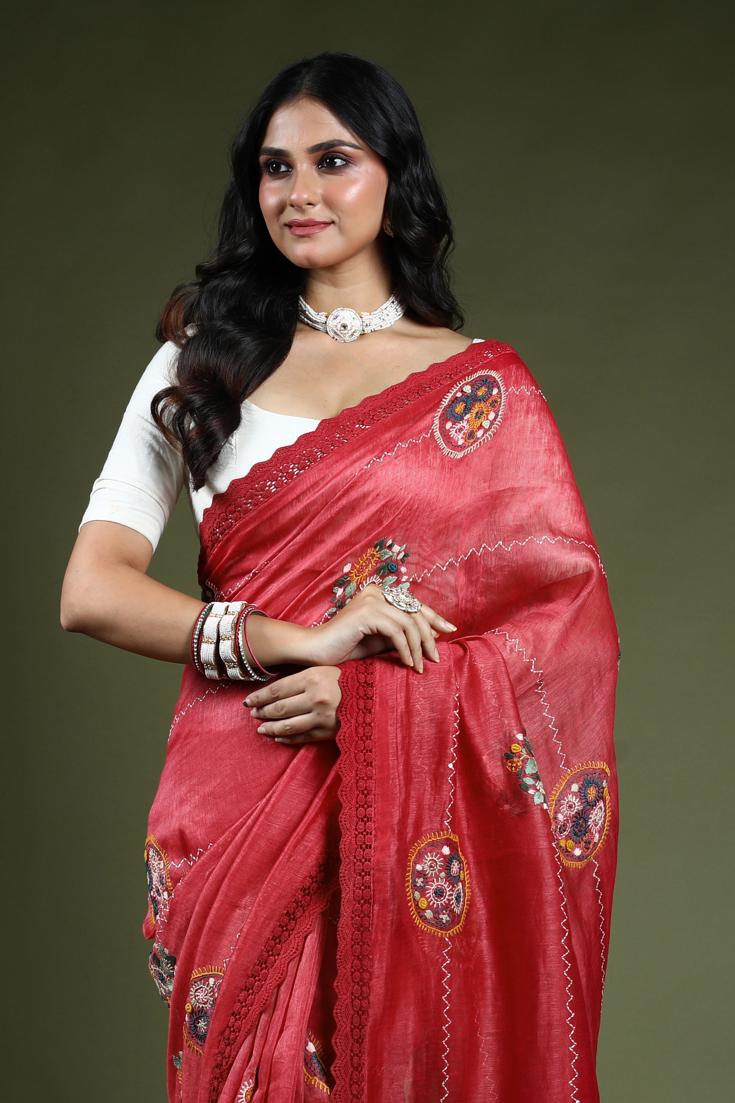 Blush Pink Linen Fusion Saree With Blouse Piece