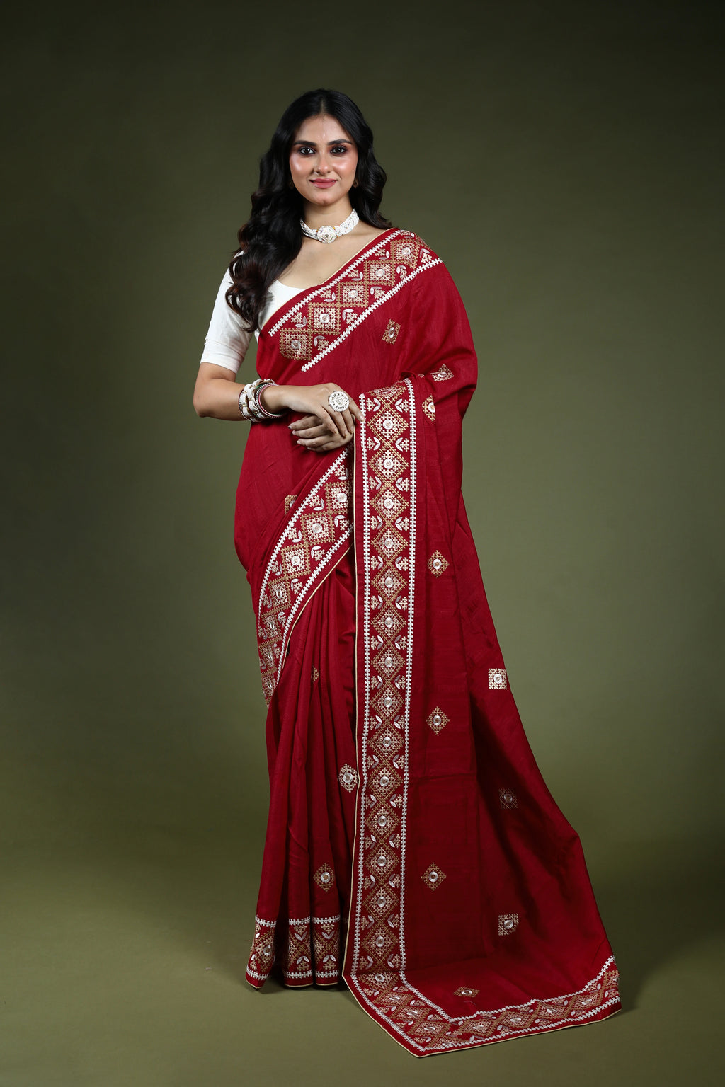 Dark Red Tussar Hand Gujarati Saree With Blouse Piece