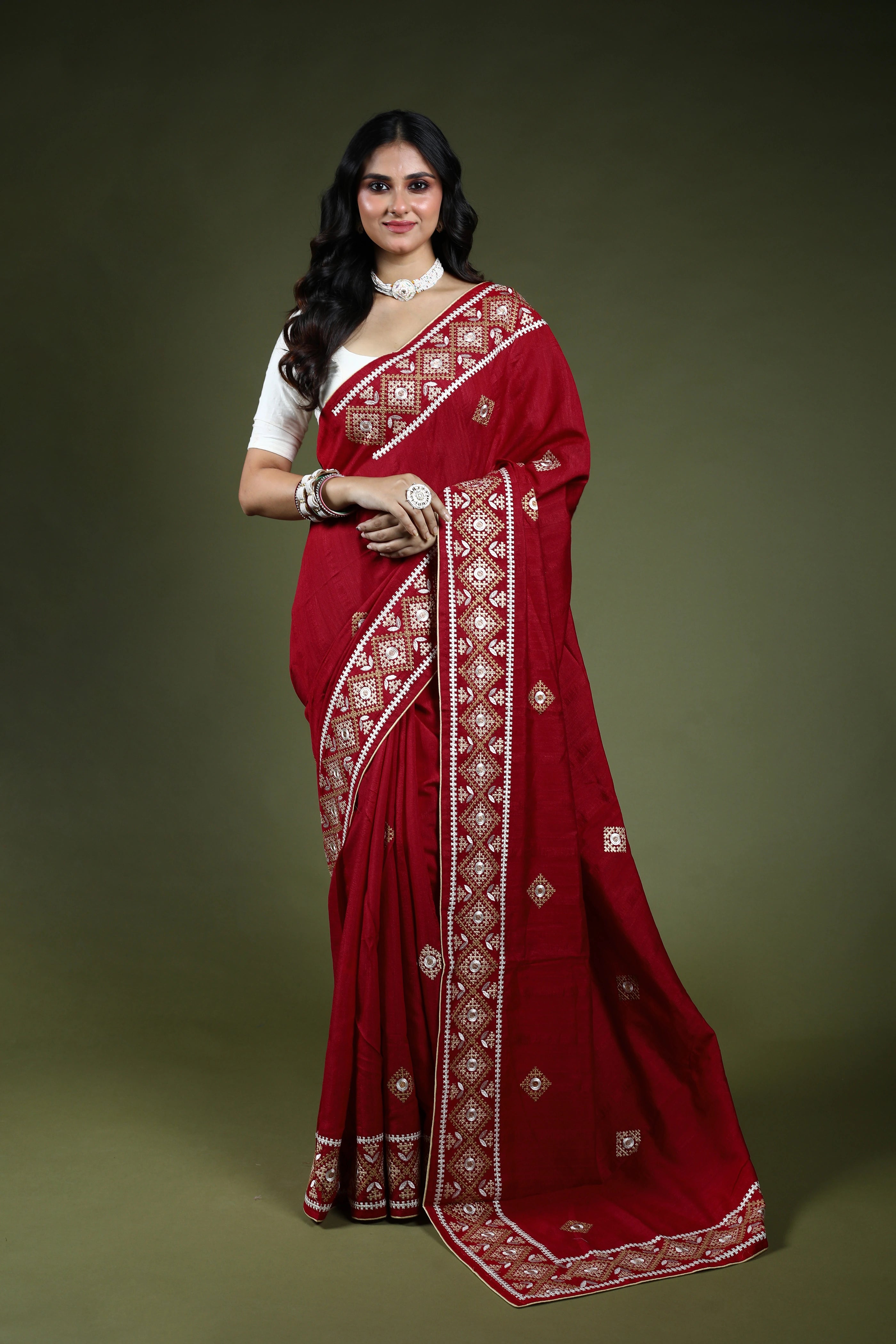 Dark Red Tussar Hand Gujarati Saree With Blouse Piece