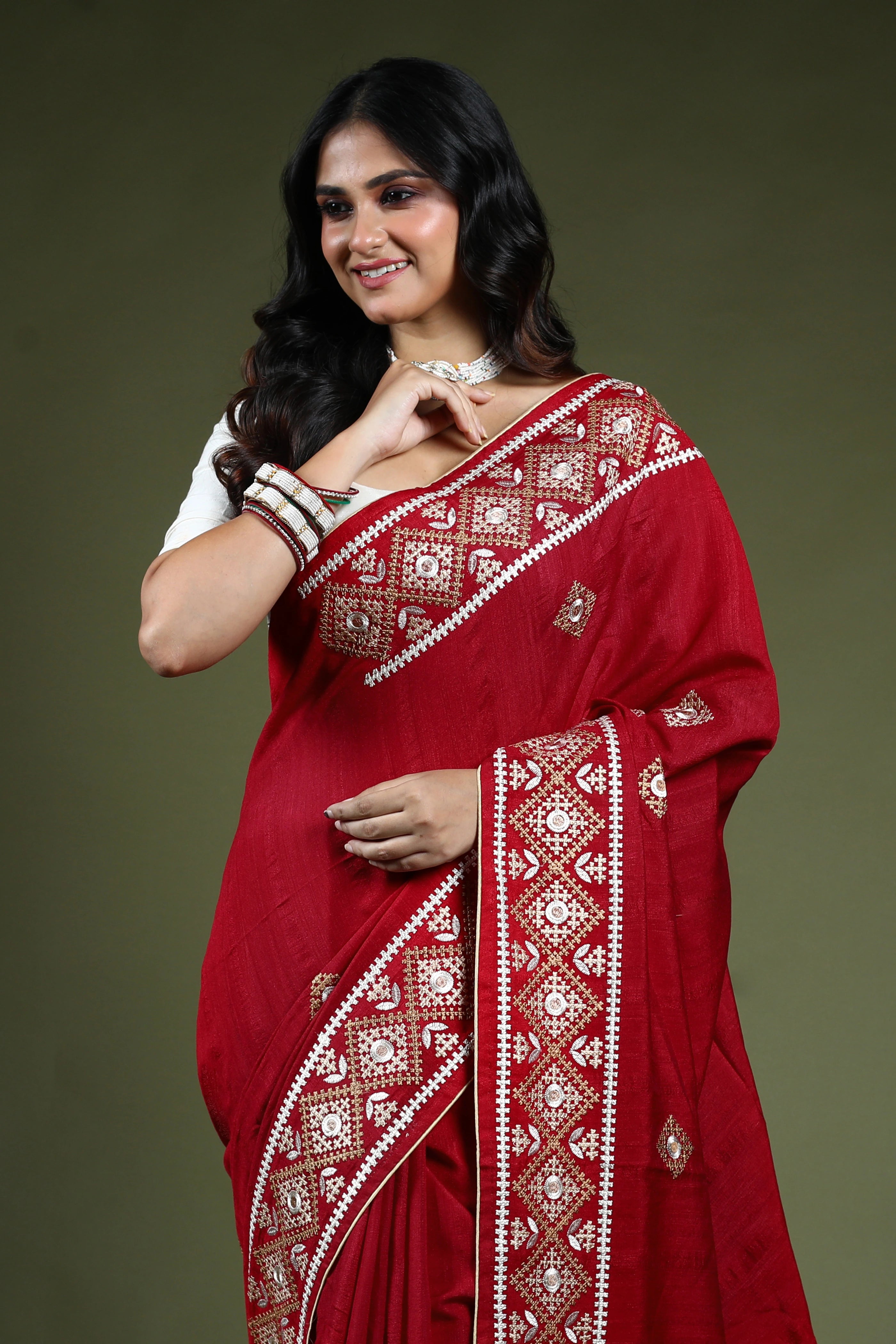 Dark Red Tussar Hand Gujarati Saree With Blouse Piece