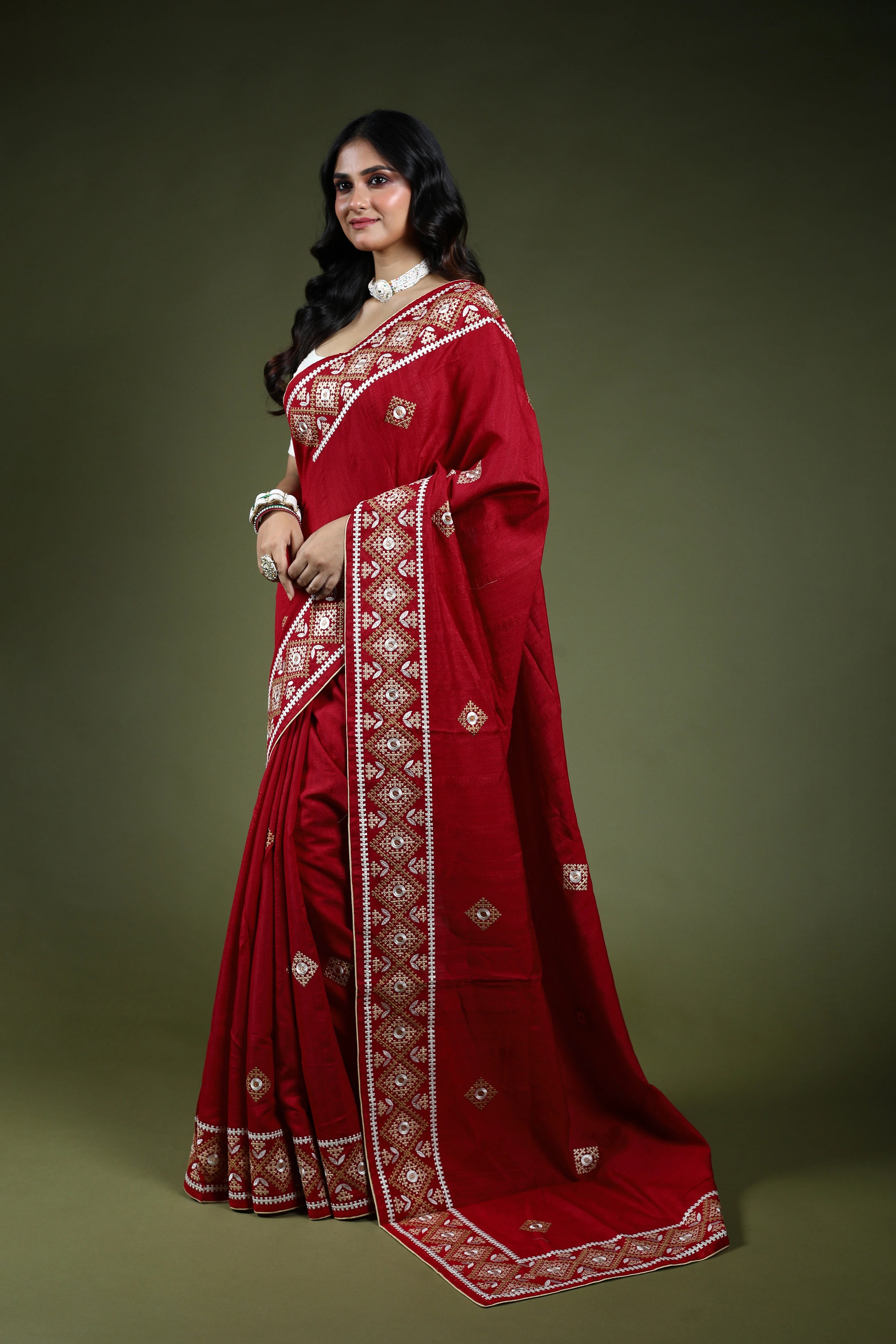 Dark Red Tussar Hand Gujarati Saree With Blouse Piece