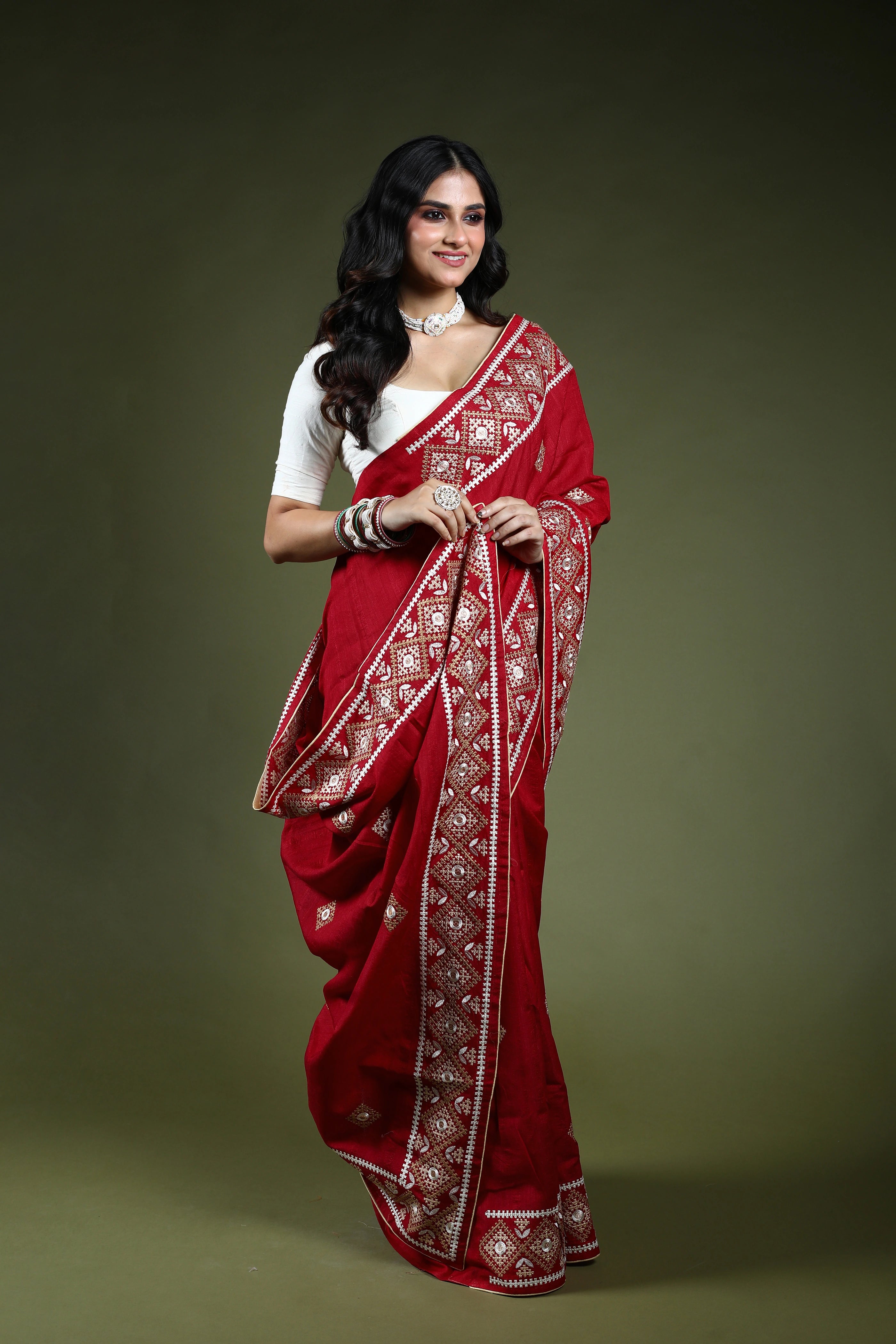 Dark Red Tussar Hand Gujarati Saree With Blouse Piece