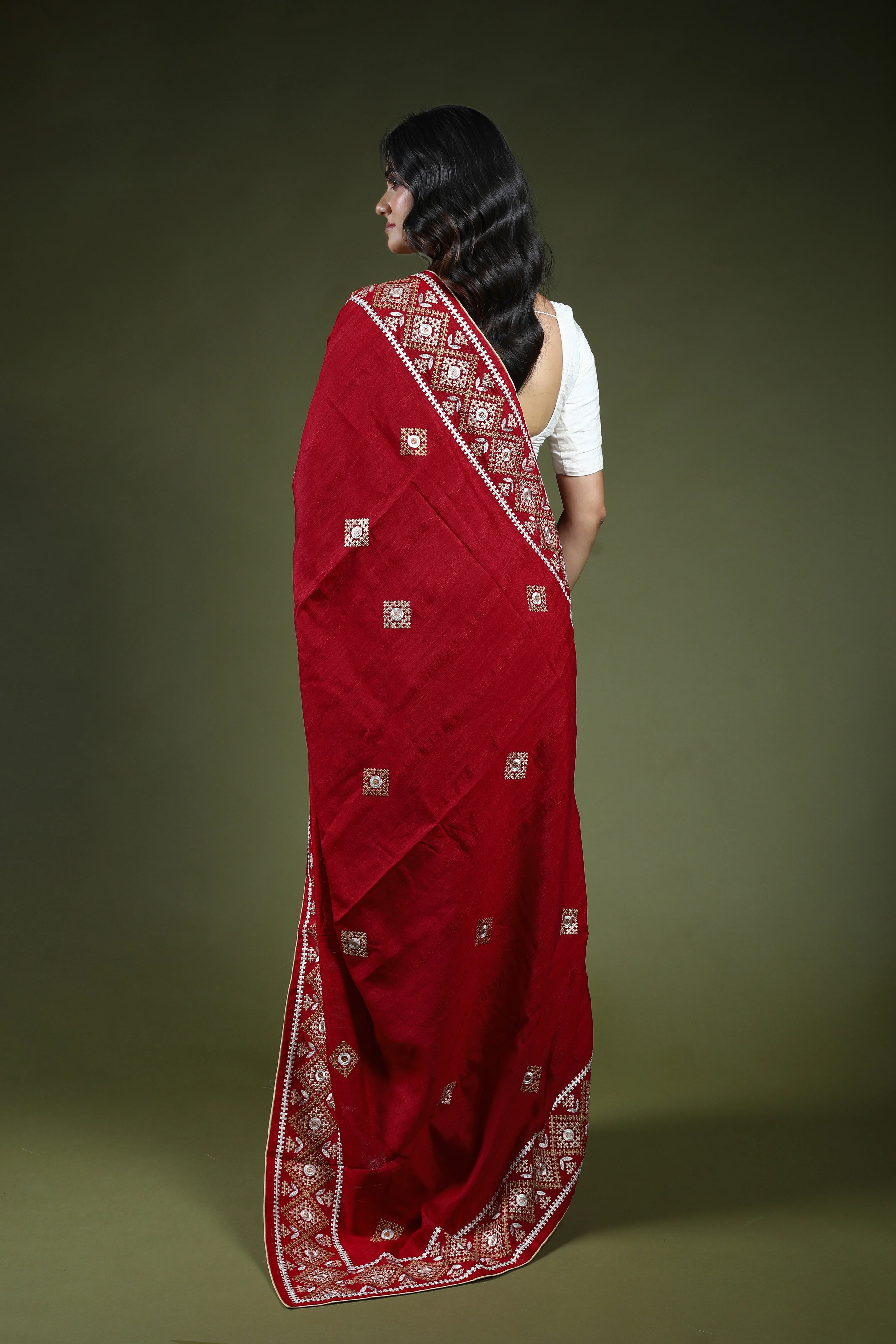 Dark Red Tussar Hand Gujarati Saree With Blouse Piece