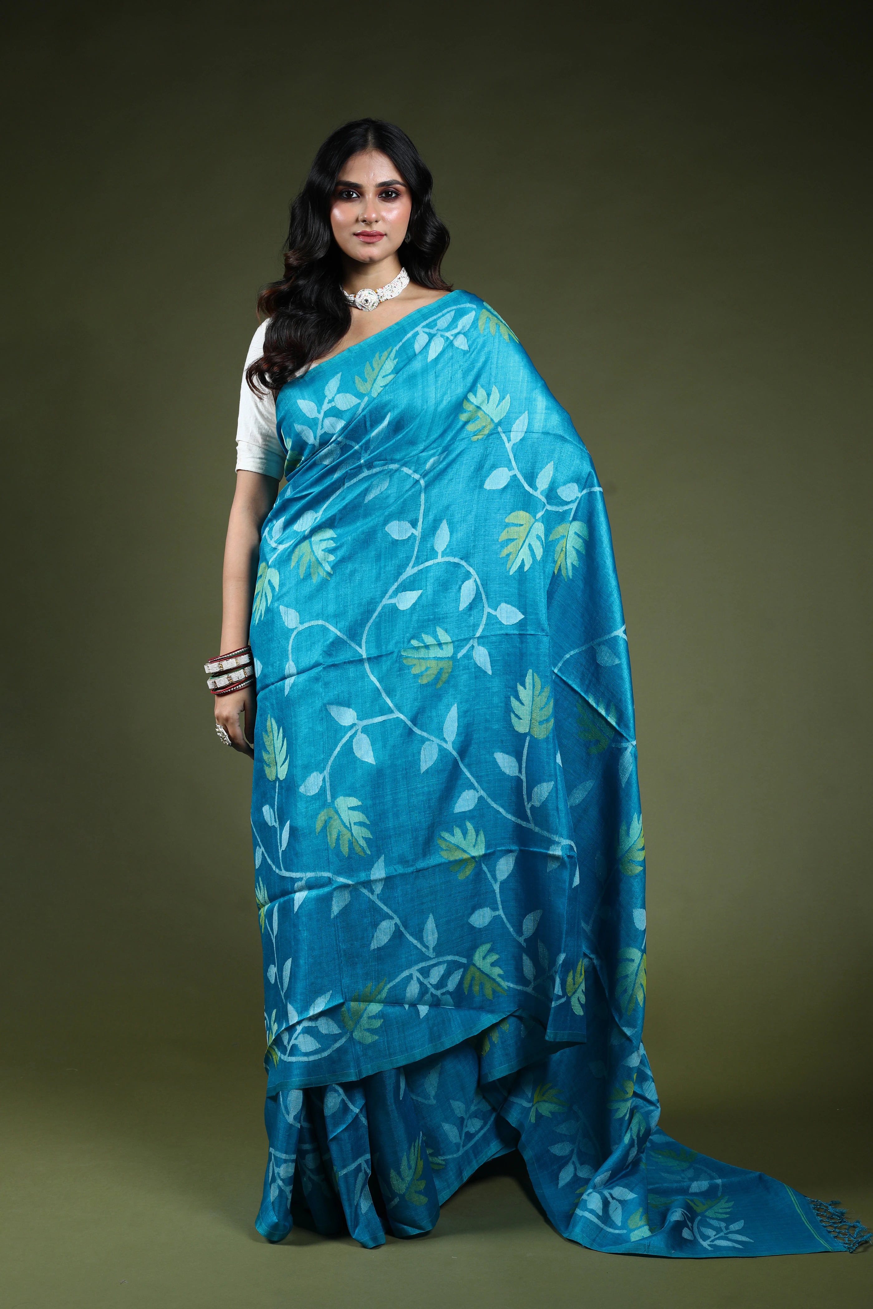 Firoza Tussar Jamdani Saree With Blouse Piece