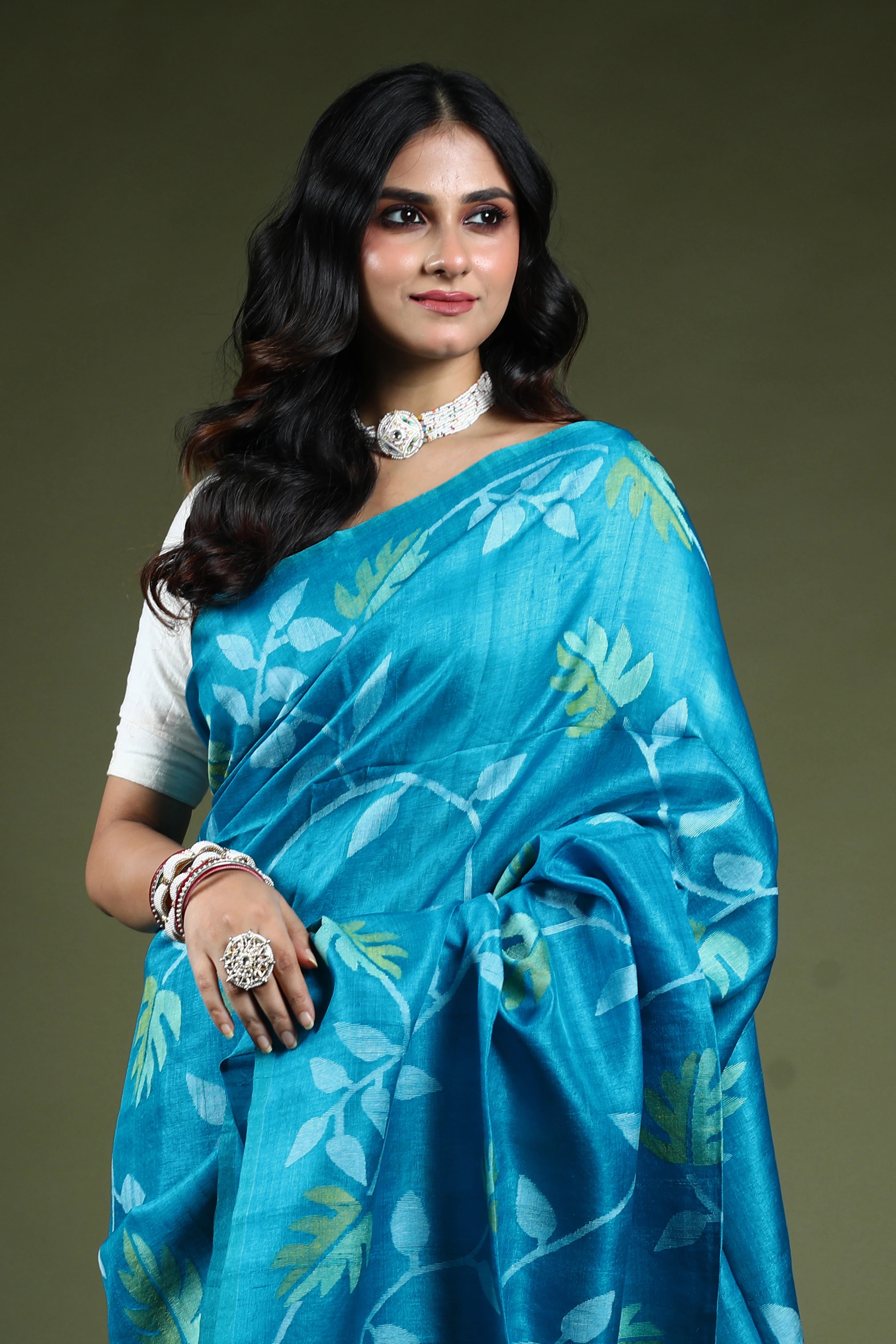 Firoza Tussar Jamdani Saree With Blouse Piece