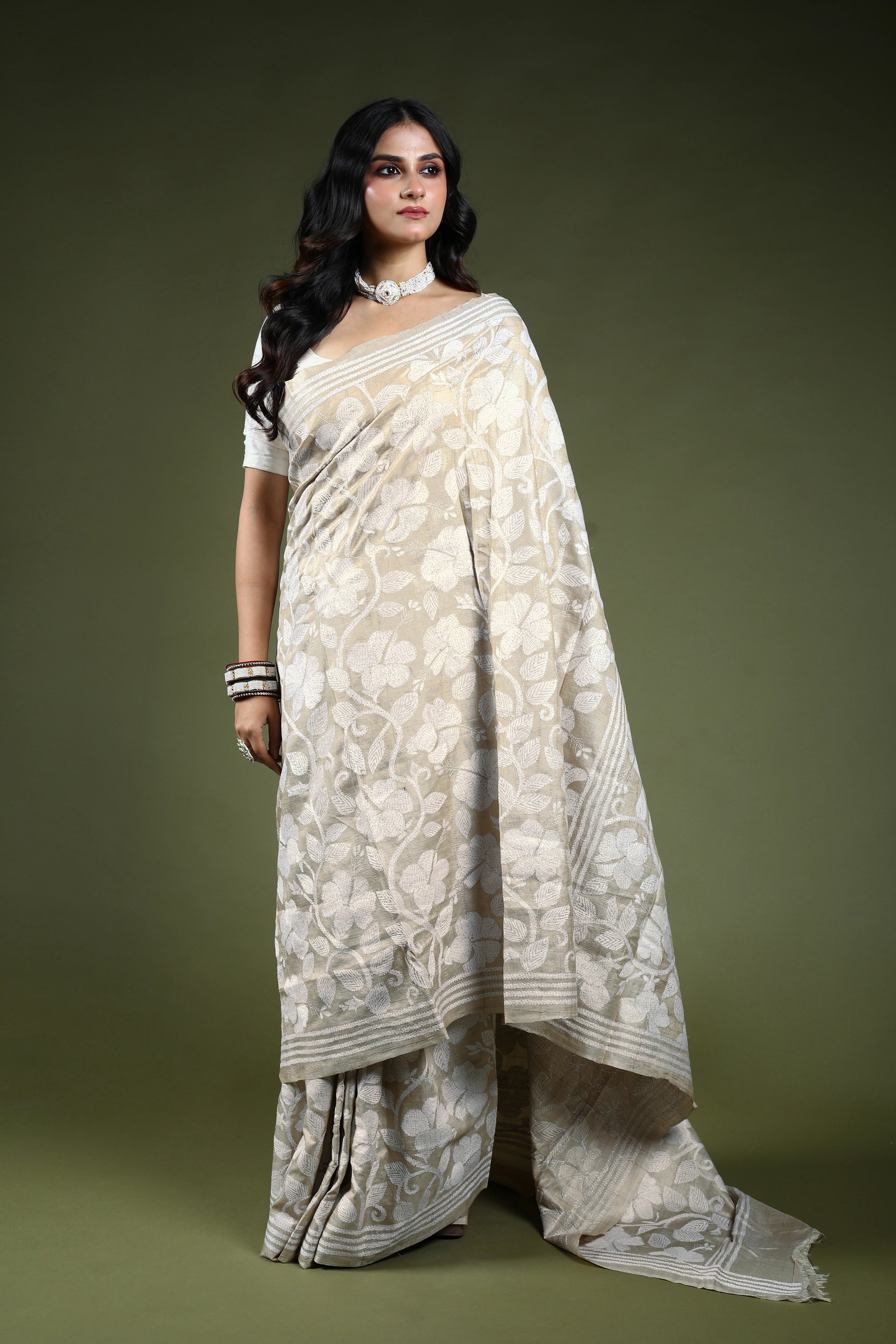 Offwhite Tussar Kantha Saree With Blouse Piece