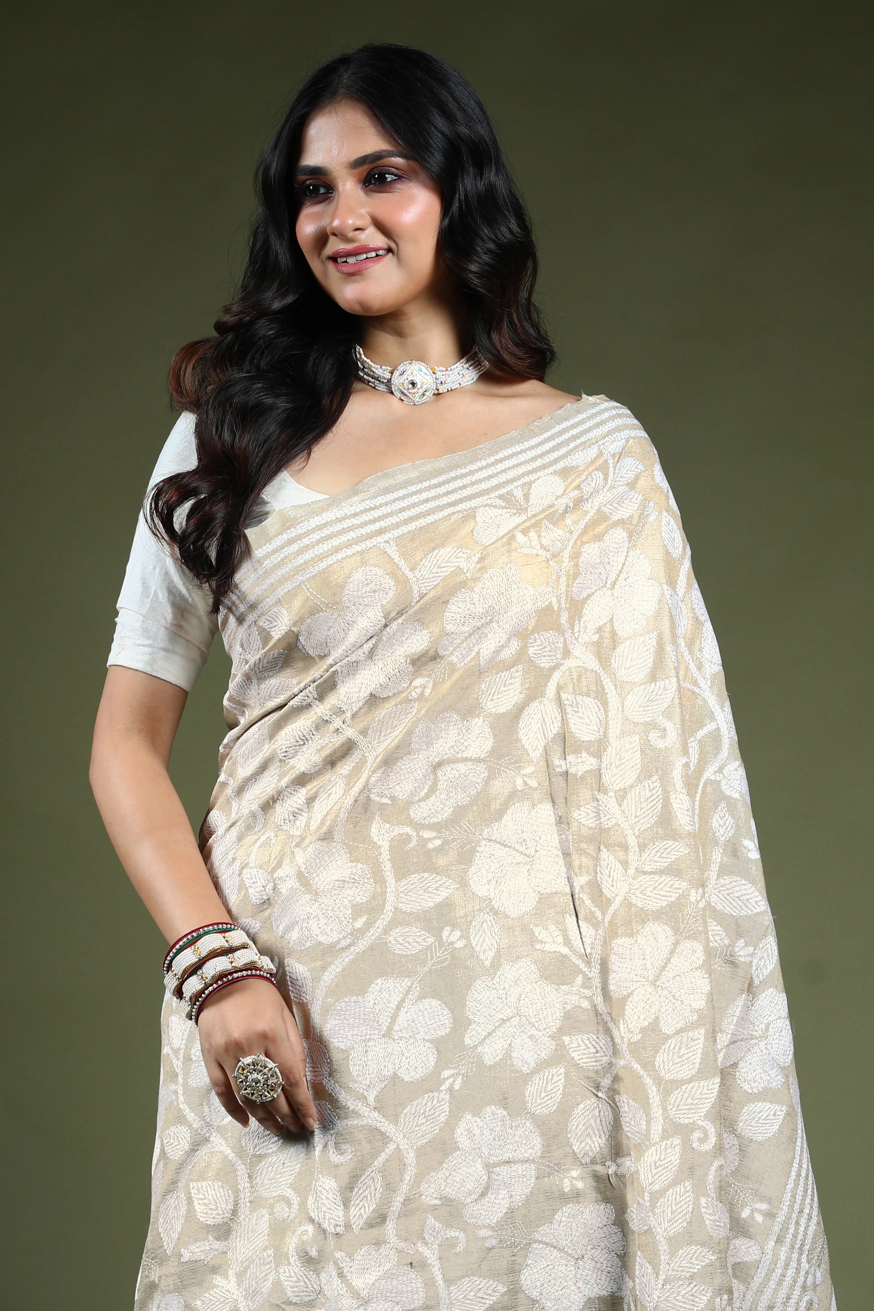 Offwhite Tussar Kantha Saree With Blouse Piece