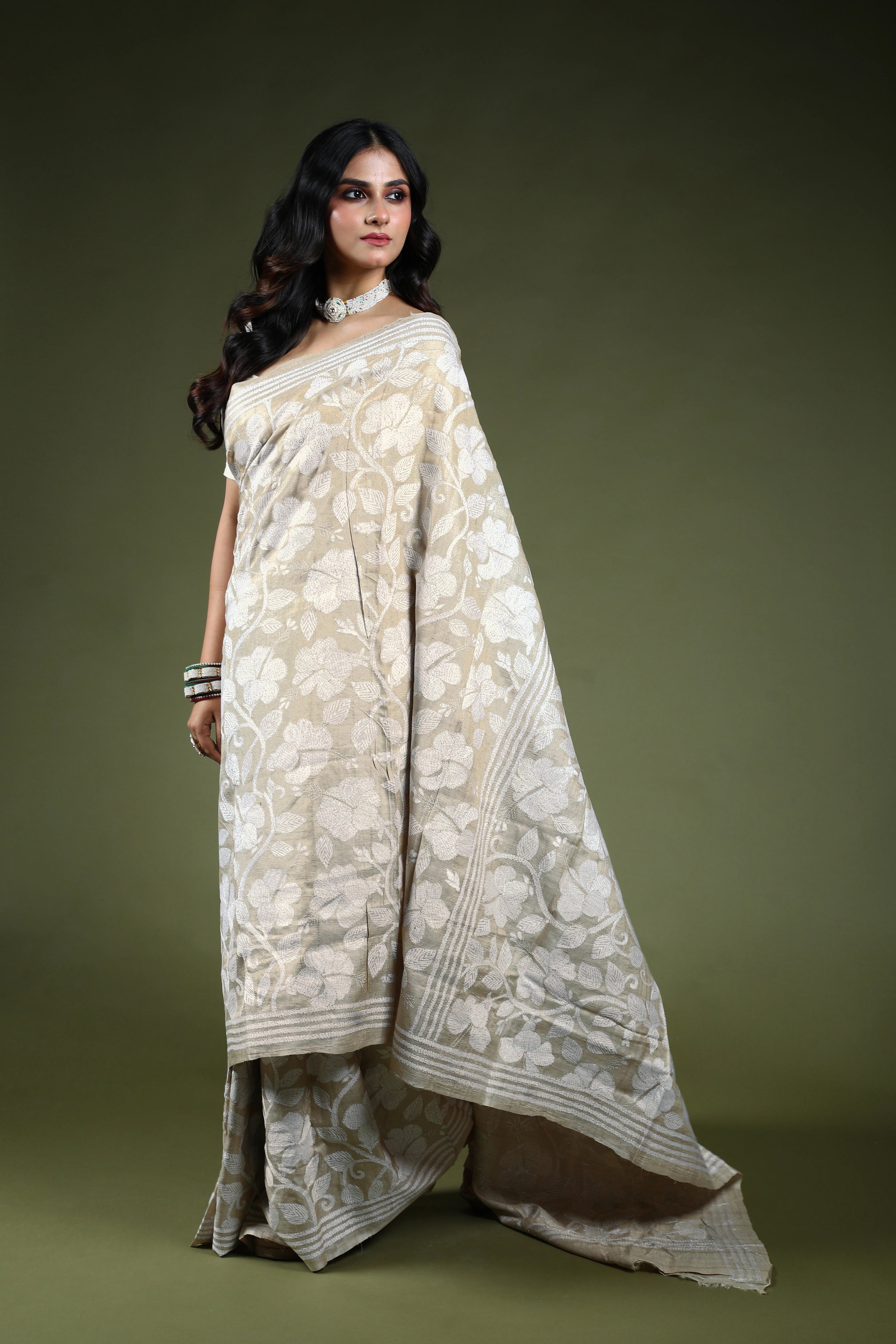 Offwhite Tussar Kantha Saree With Blouse Piece