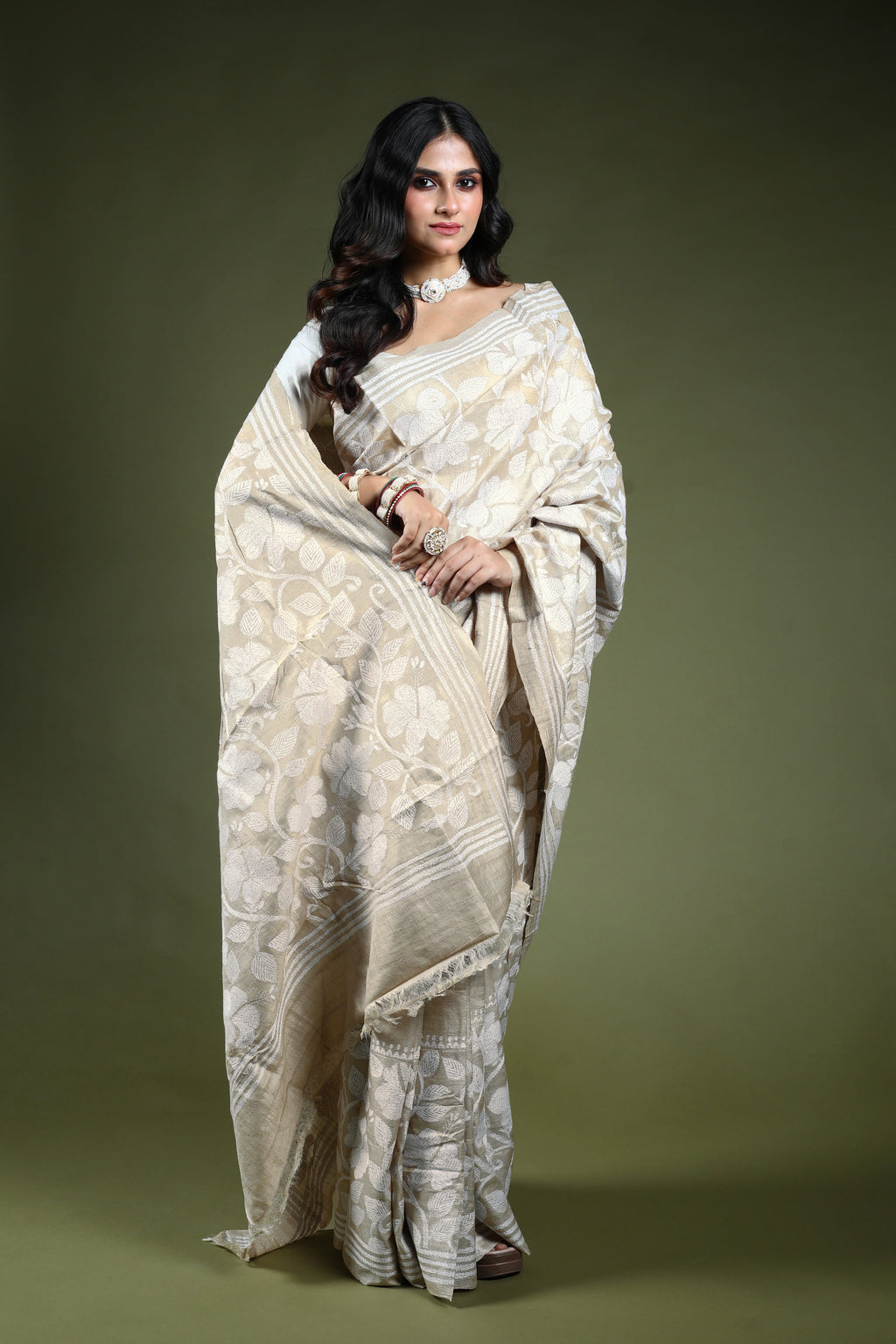 Offwhite Tussar Kantha Saree With Blouse Piece