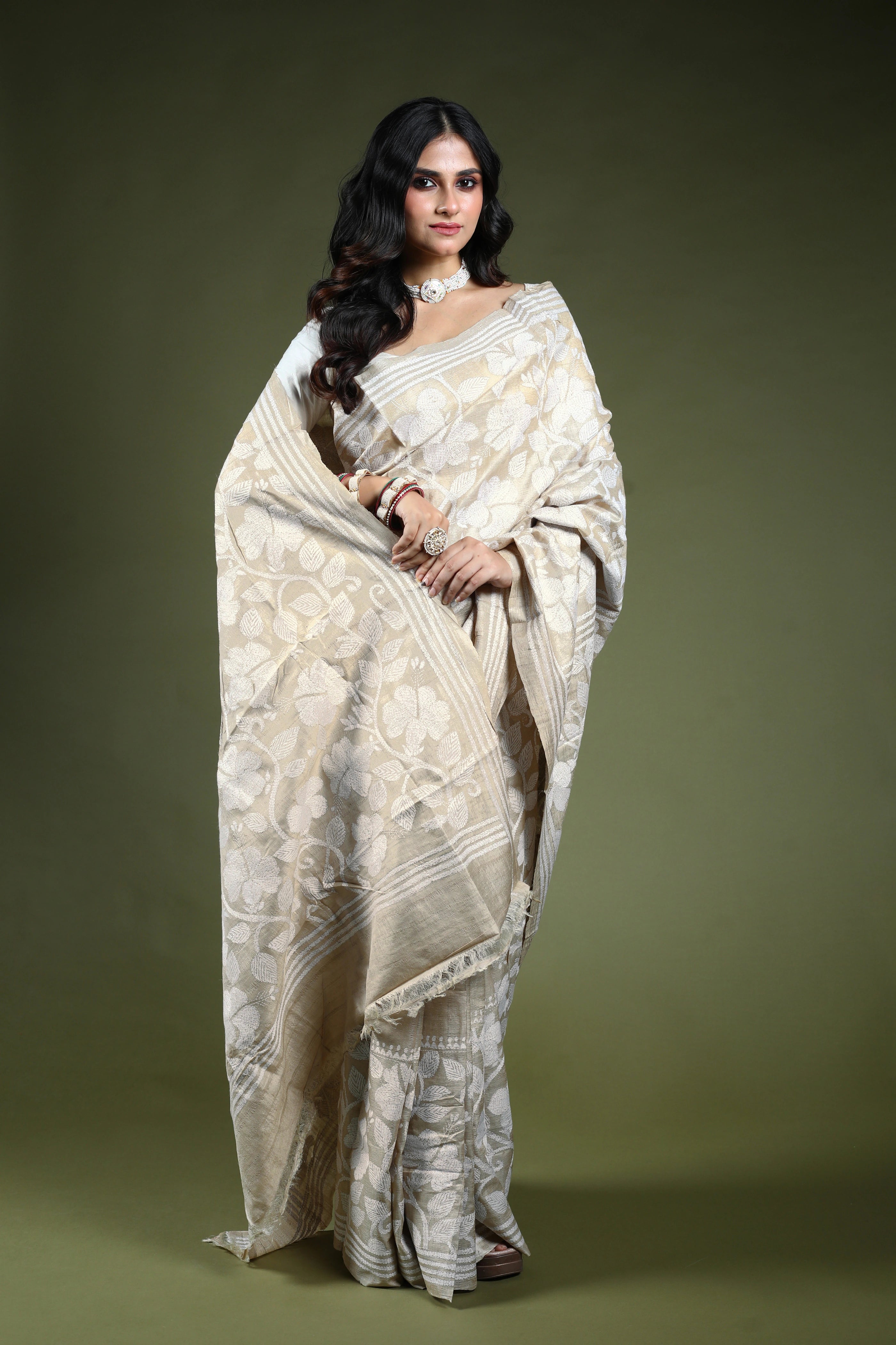 Offwhite Tussar Kantha Saree With Blouse Piece