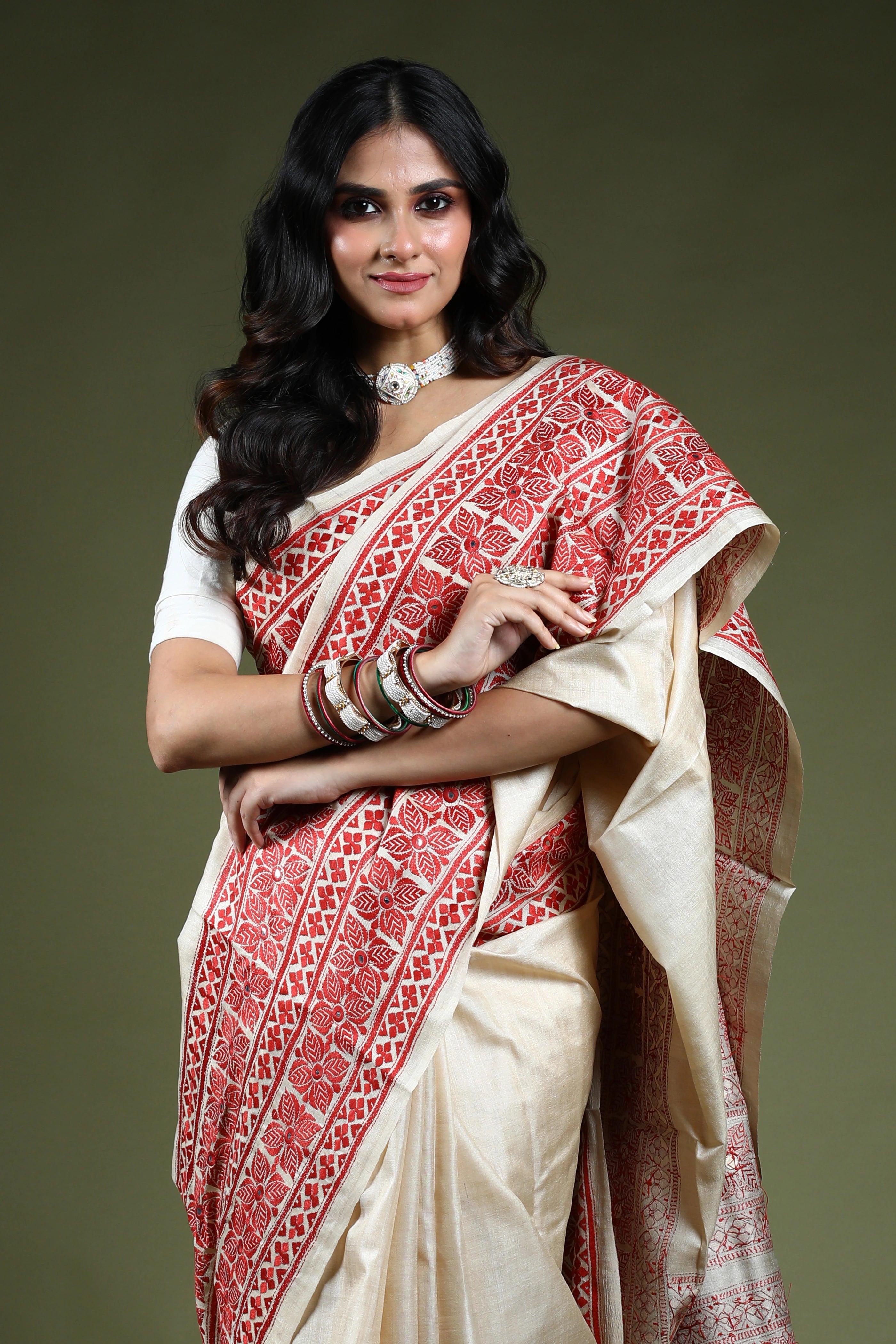 Brick Red & Offwhite Tussar Kantha Saree With Blouse Piece